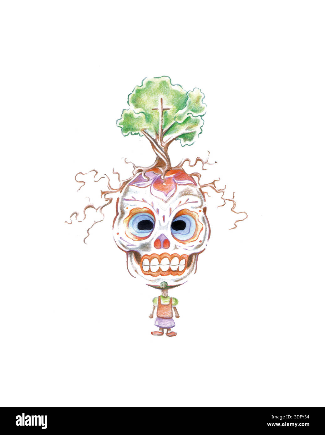 Disegnata a mano immagine o disegno di una ragazza con un grande cranio e un albero sul suo capo Foto Stock