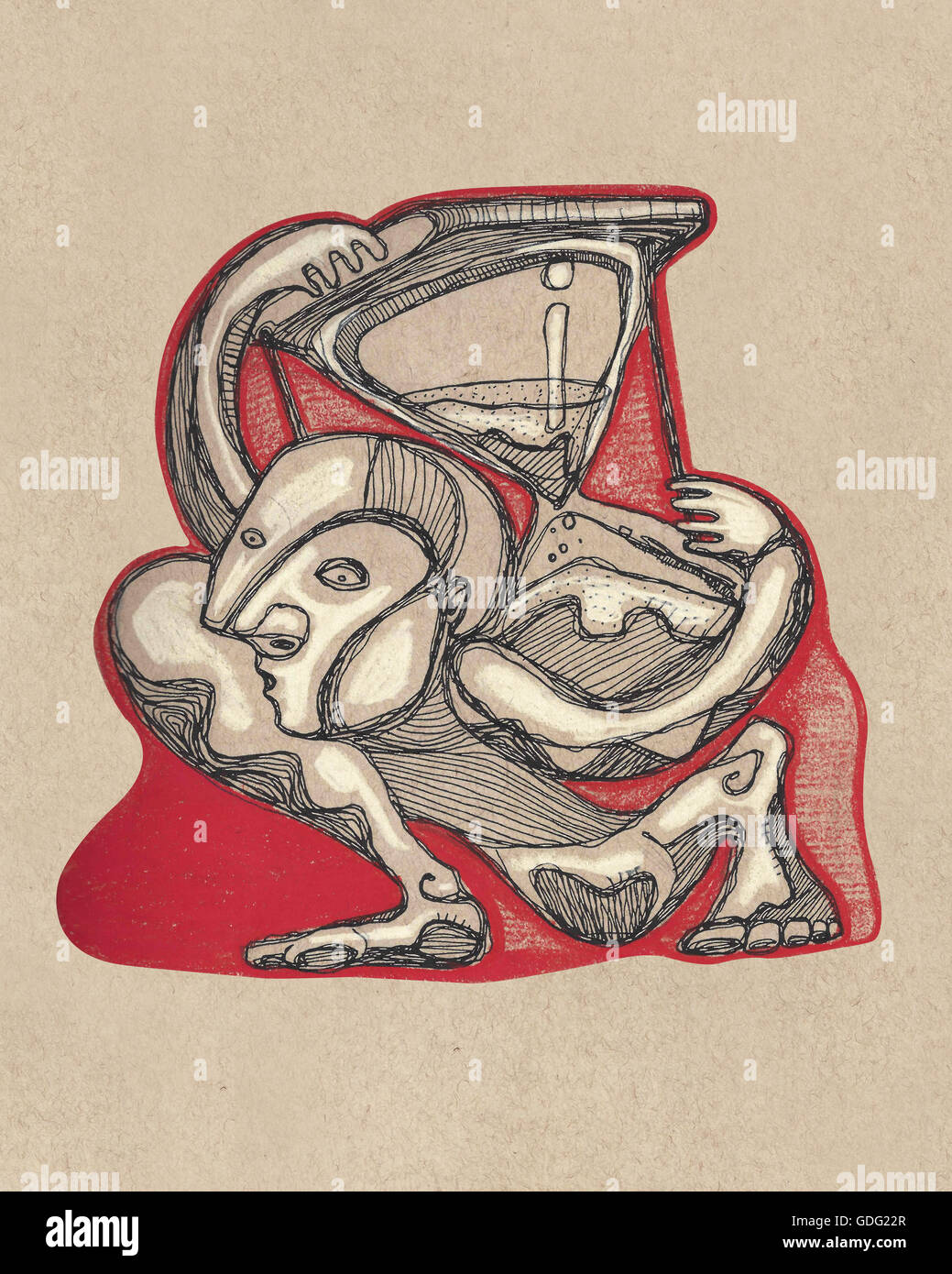 Disegnata a mano immagine o disegno di un uomo la carica di un orologio di sabbia sulla schiena Foto Stock