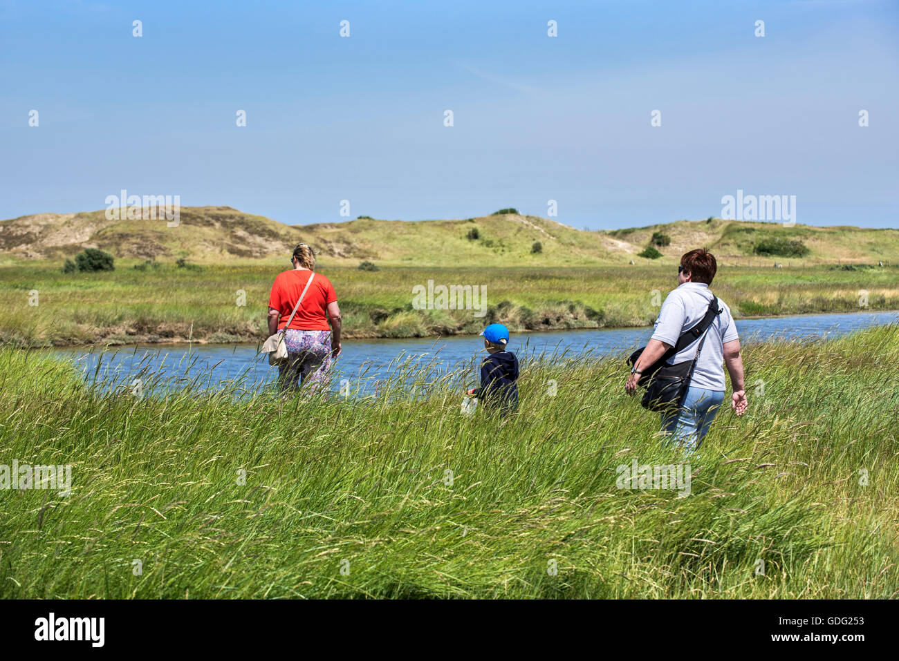 I visitatori a piedi nella saltmarsh presso il Parco Naturale Zwin, il santuario degli uccelli in Knokke-Heist, Fiandre Occidentali, Belgio Foto Stock