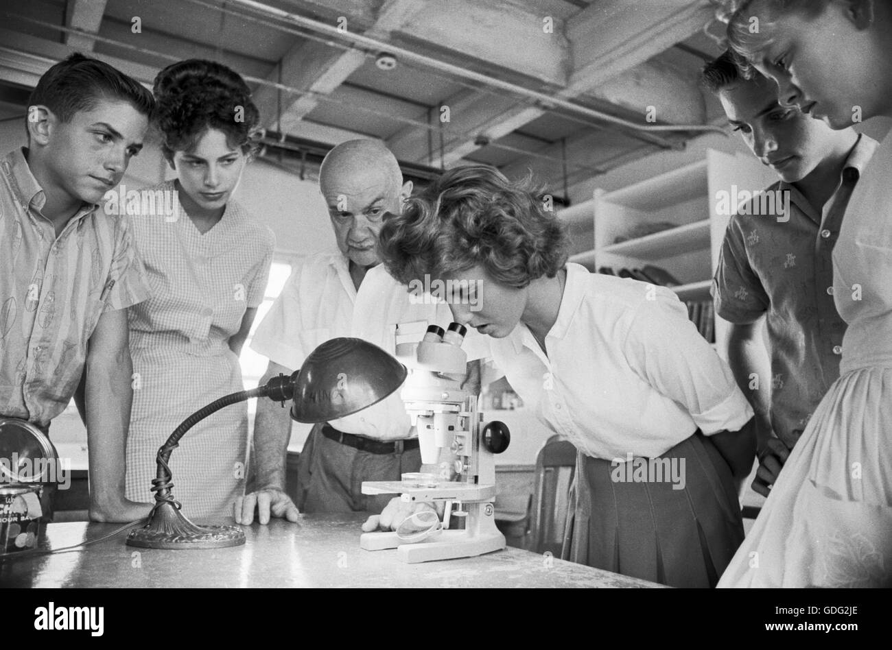 Roman Vishniac nel suo laboratorio, con gli studenti, 1961 Foto Stock