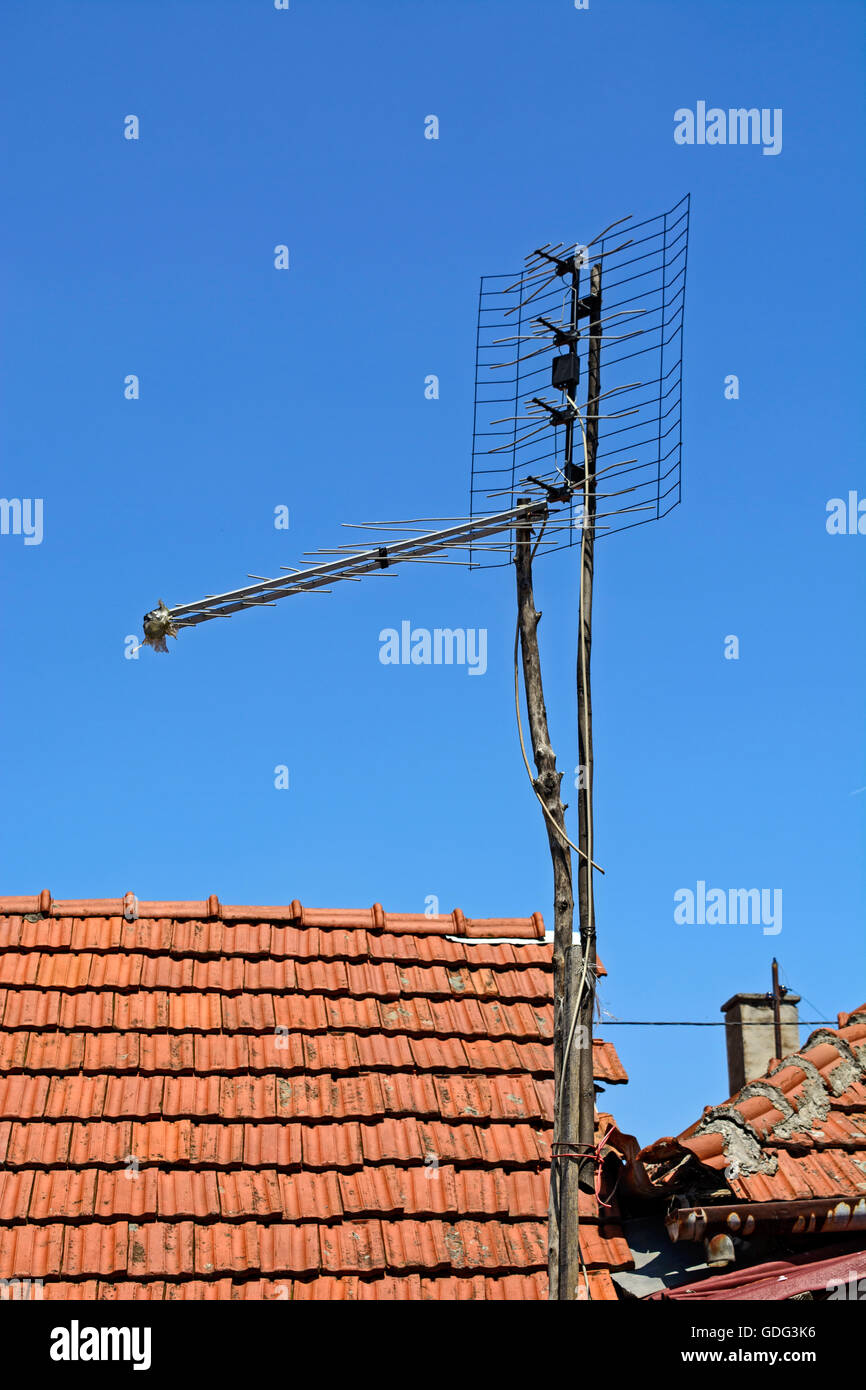 Vecchia antenna televisiva per ricevere i segnali dal trasmettitore. Foto Stock