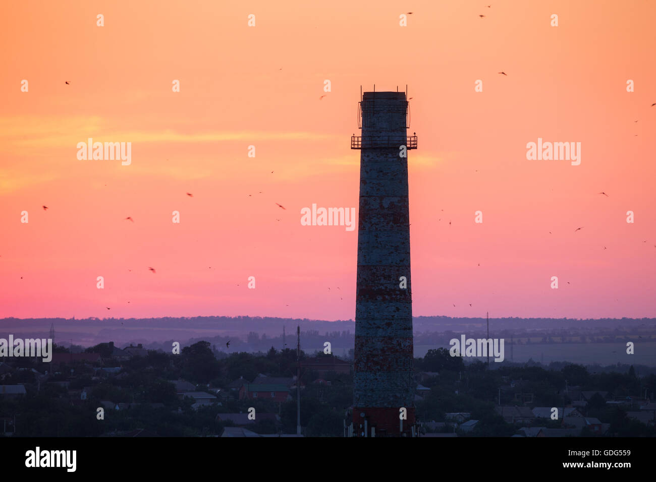 Silhouette di un camino con uccelli in volo al tramonto. Colorato red sky. Paesaggio industriale Foto Stock