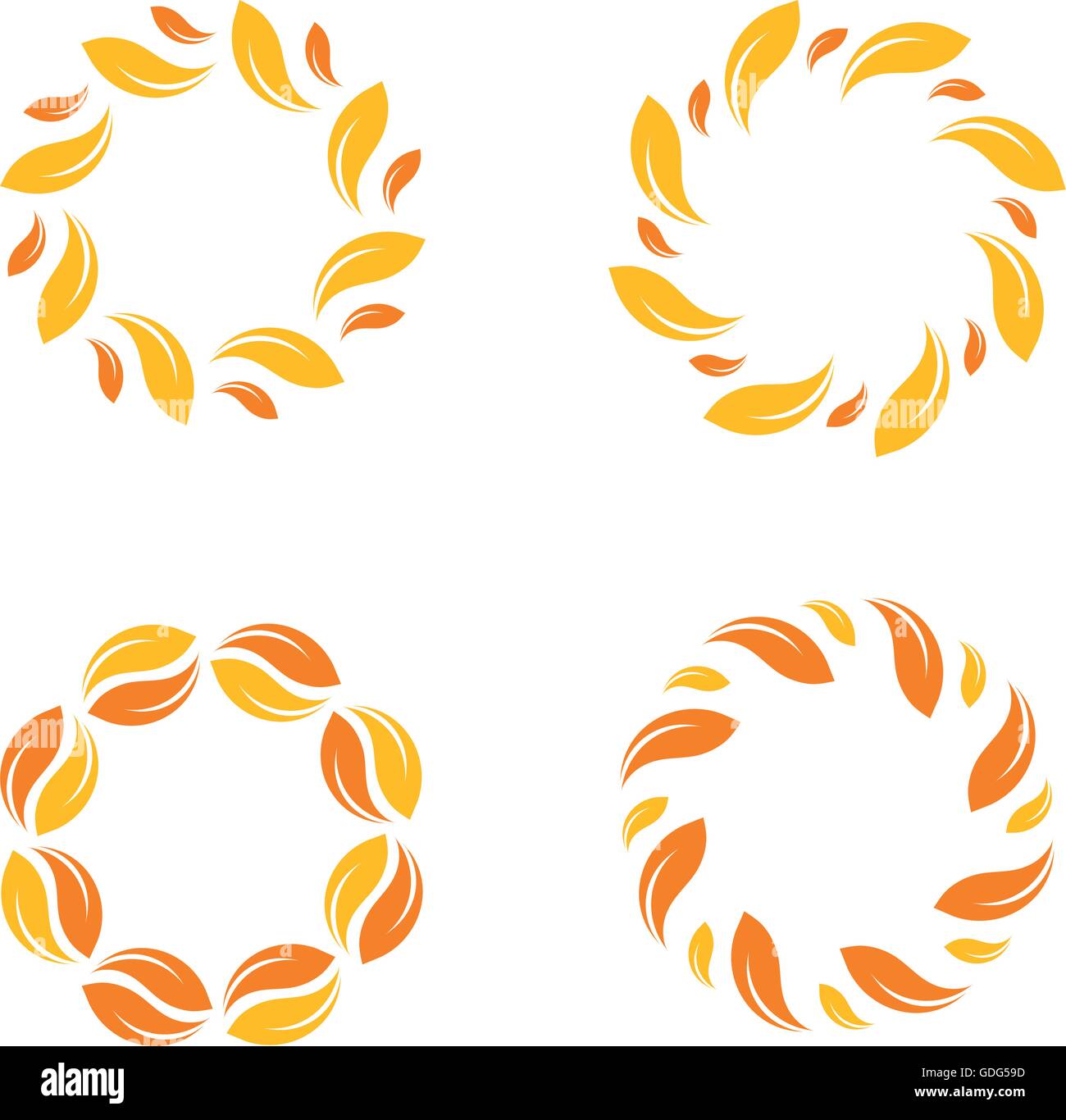 Vettore giallo isolato leafs confine. Elegante design del cerchio. Abstract di colore giallo logo set. I logo Sun set. Il logo biologico. Sunny logo. Logo sun. Natura logotipi. Illustrazione Vettoriale