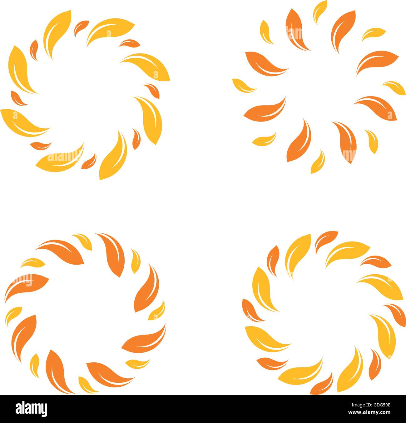 Vettore giallo isolato leafs confine. Elegante design del cerchio. Abstract di colore giallo logo set. I logo Sun set. Il logo biologico. Sunny logo. Logo sun. Natura logotipi. Illustrazione Vettoriale