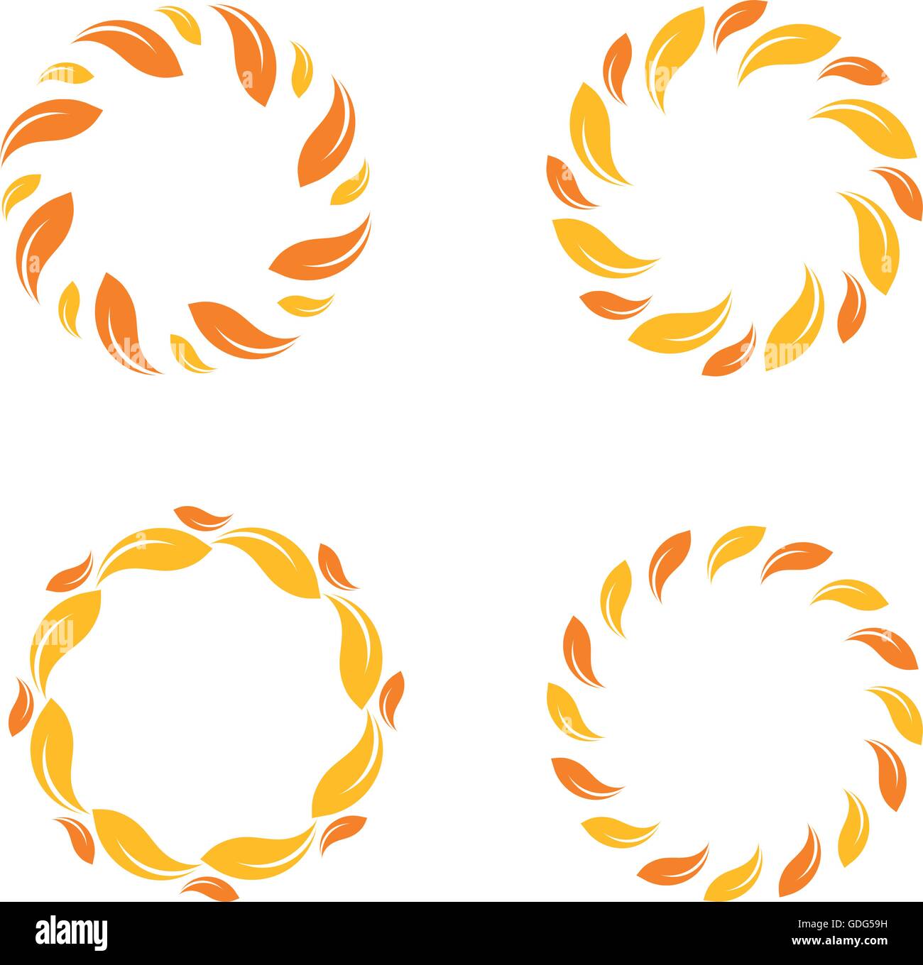 Vettore giallo isolato leafs confine. Elegante design del cerchio. Abstract di colore giallo logo set. I logo Sun set. Il logo biologico. Sunny logo. Logo sun. Natura logotipi. Illustrazione Vettoriale