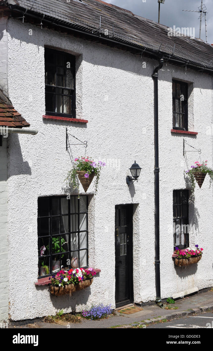 Periodo cottage facciata in stile georgiano - Windows - pareti dipinte di bianco - Vetro colorato scatole - Sonning on Thames luce solare Foto Stock