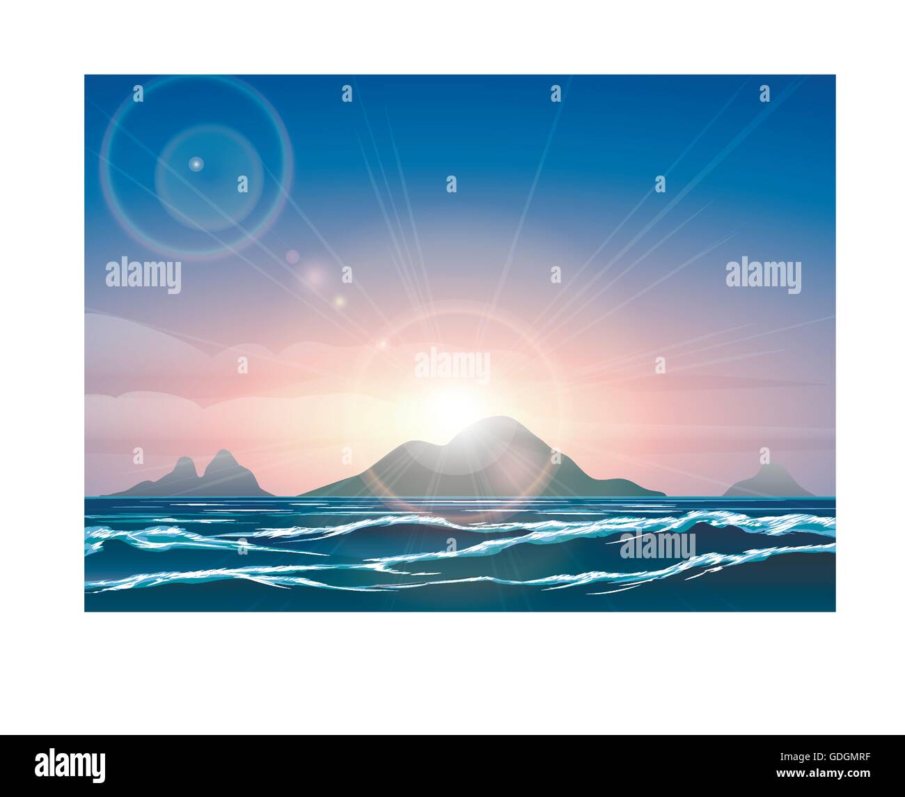 Sfondo orizzontale con tramonto sull'oceano e le isole tropicali. Illustrazione Vettoriale