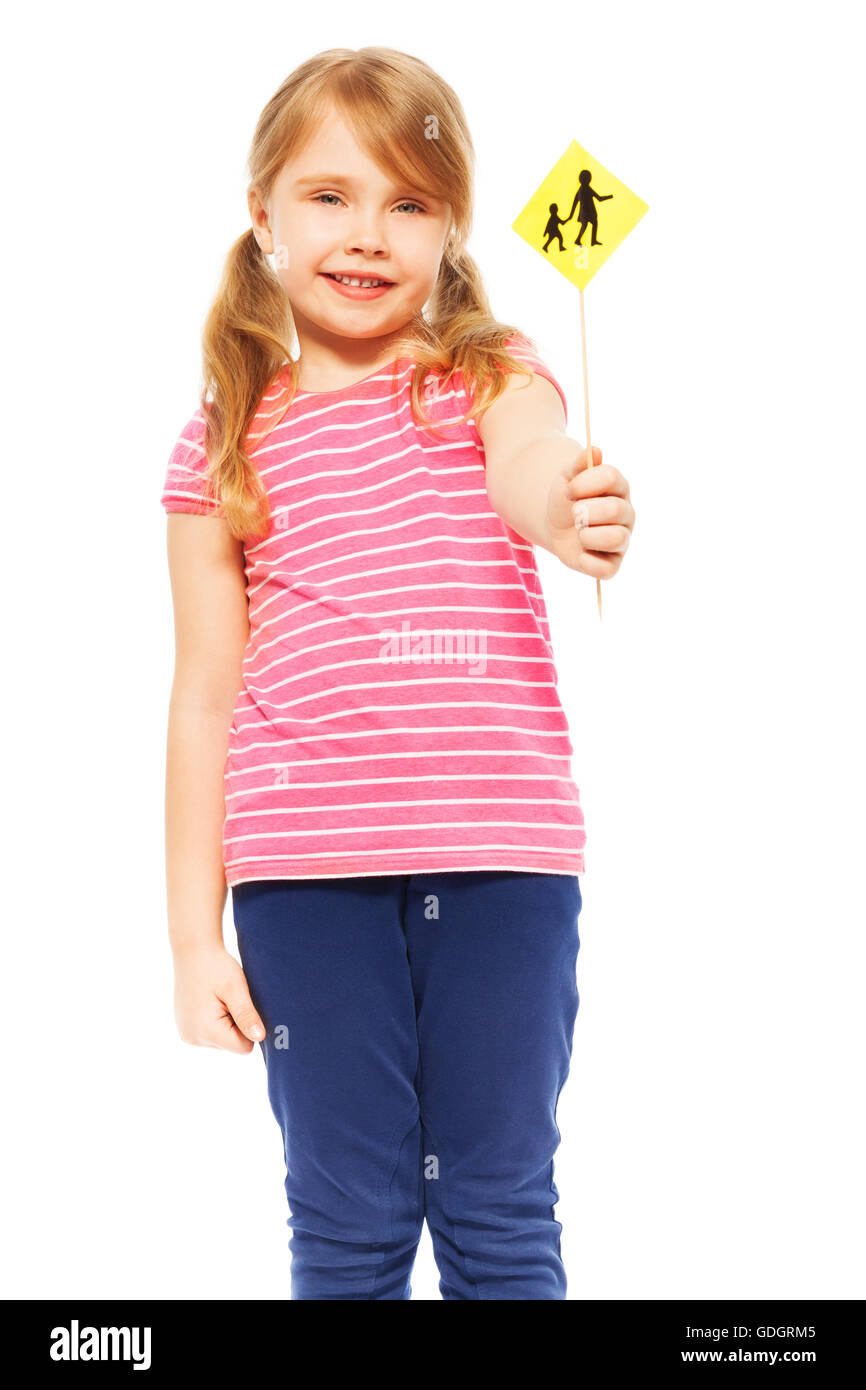 Sorridente schoolgirl azienda piccola strada icona segno Foto Stock