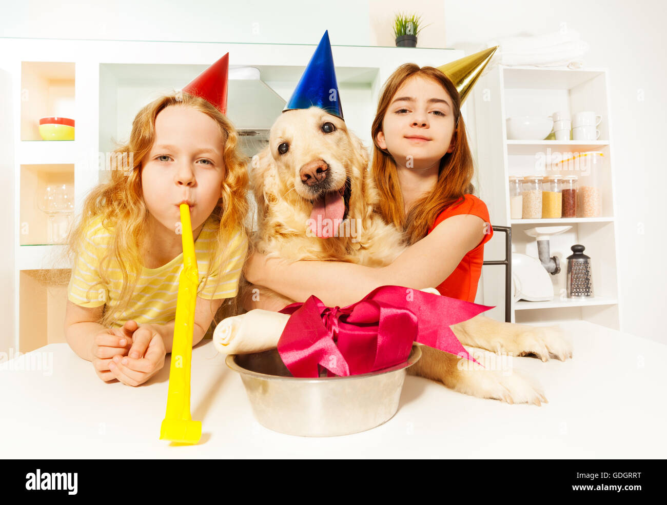 Ragazze e cane con party puntelli celebrando B-giorno Foto Stock