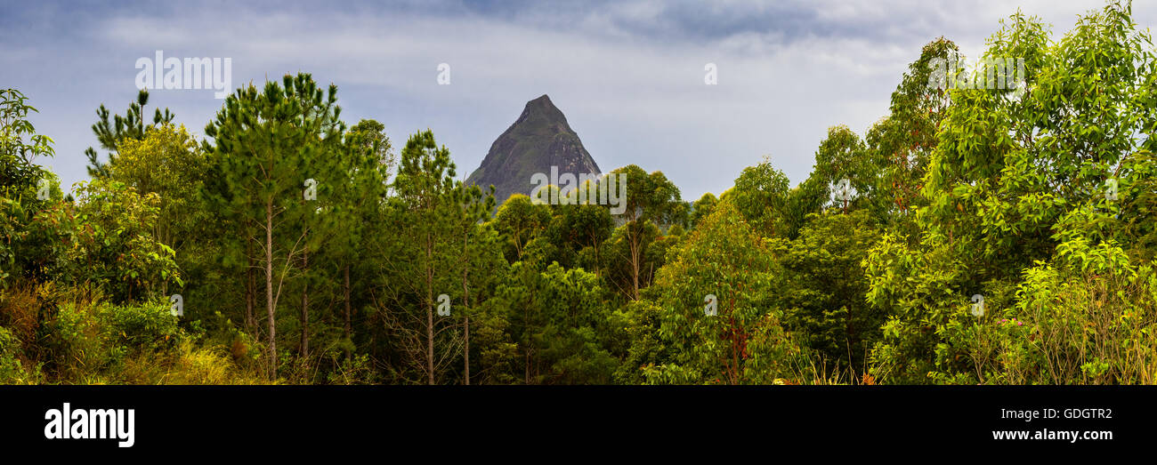 Montare Beerwah che spuntavano over the Glasshouse Mountains National Park in Queensland, Australia Foto Stock