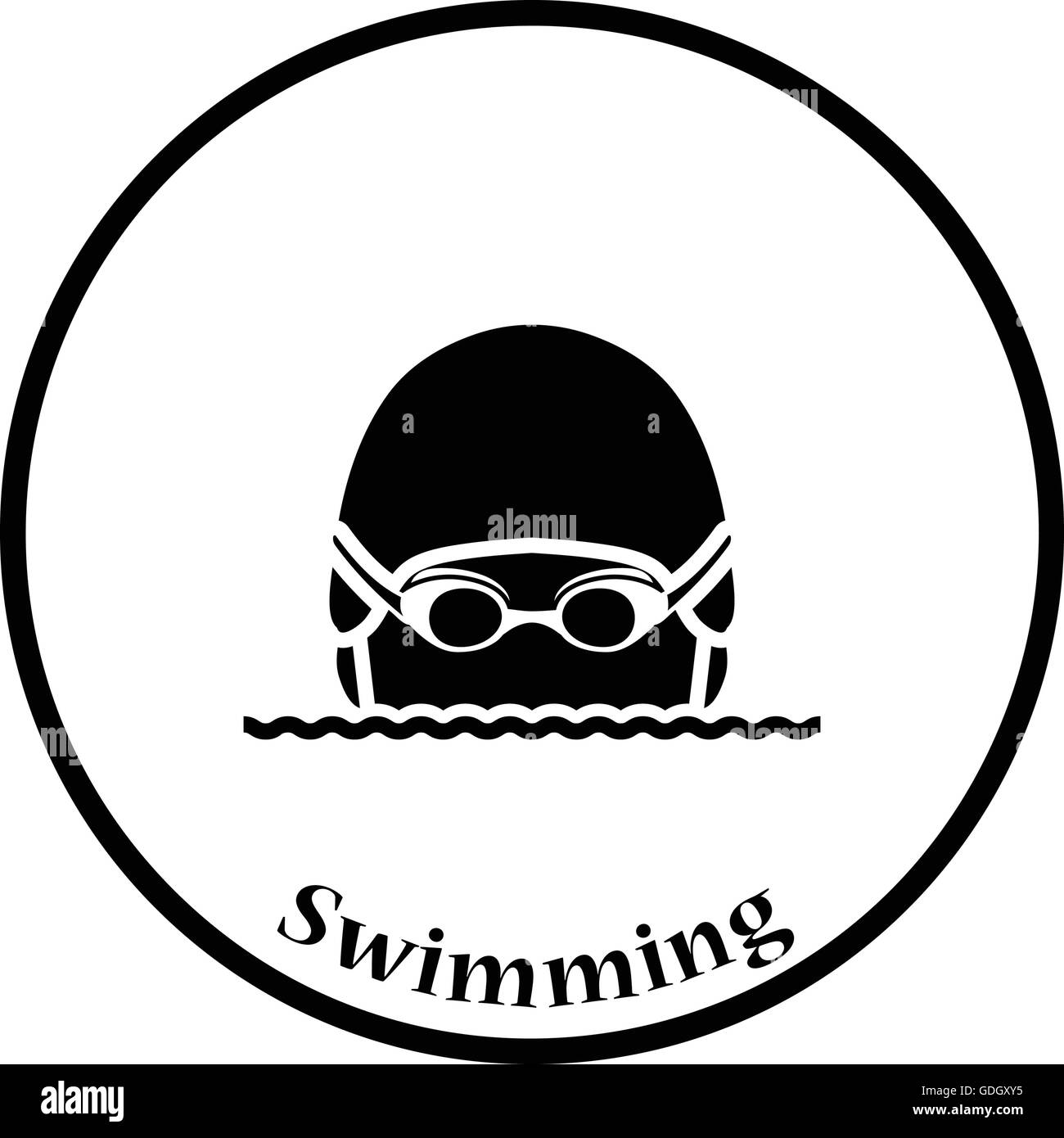 Icona del nuoto testa di uomo con gli occhiali e il cappuccio . Cerchio sottile design. Illustrazione Vettoriale. Illustrazione Vettoriale