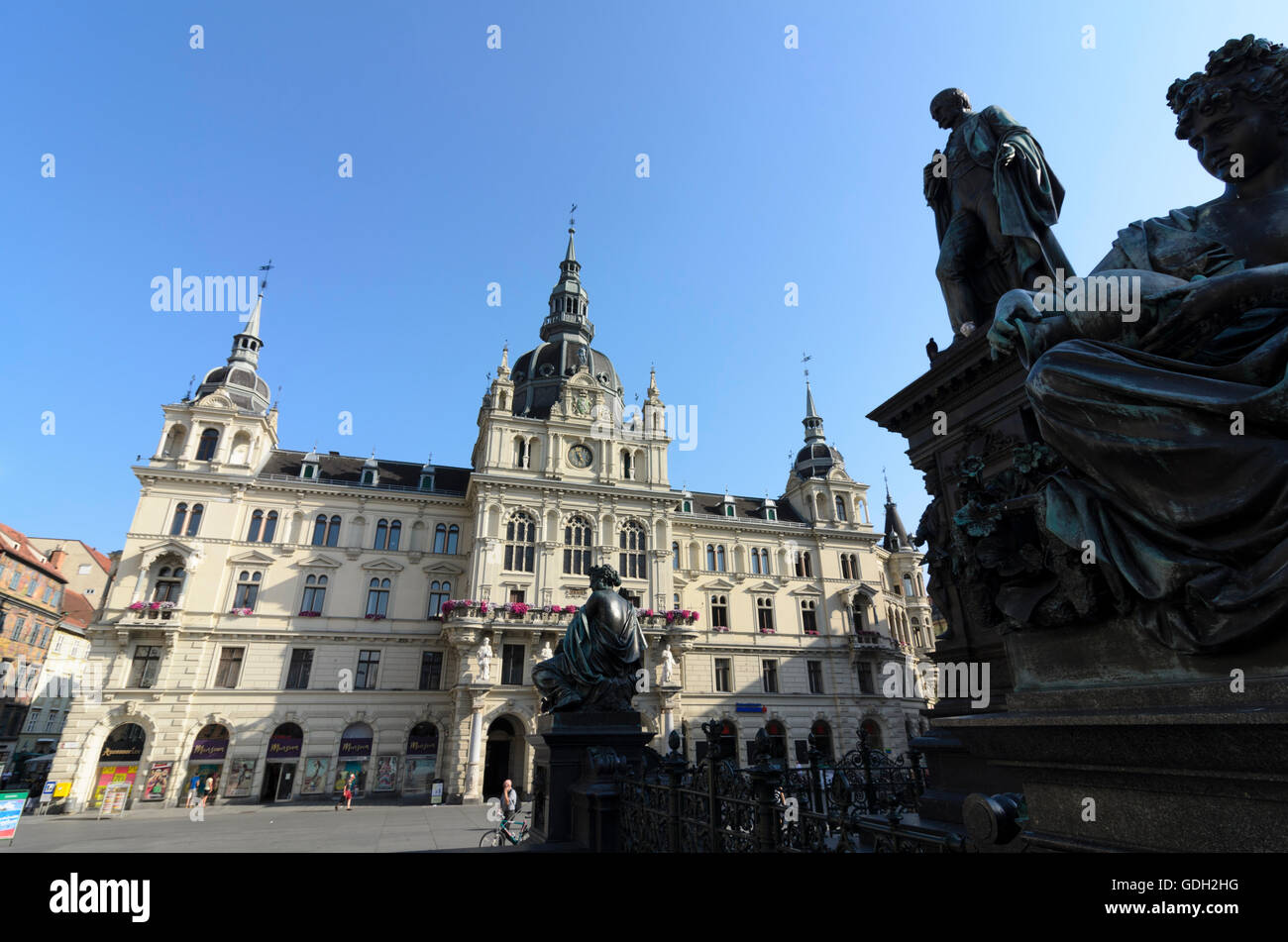 Graz: piazza principale, municipio Erzherzog Johann Fontana, Austria, Steiermark, Stiria, Regione Graz Foto Stock