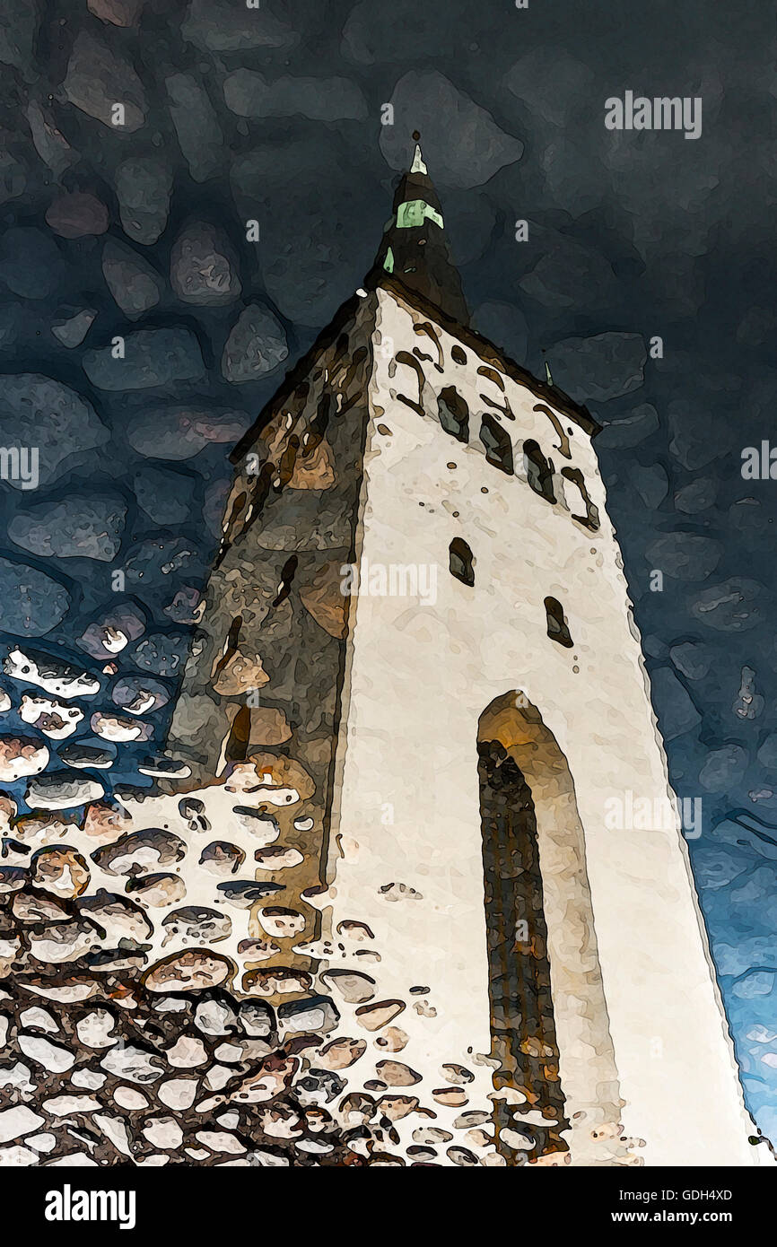 Illustrazione di una riflessione di san Olaf chiesa torre sull'acqua a Tallinn in Estonia Foto Stock
