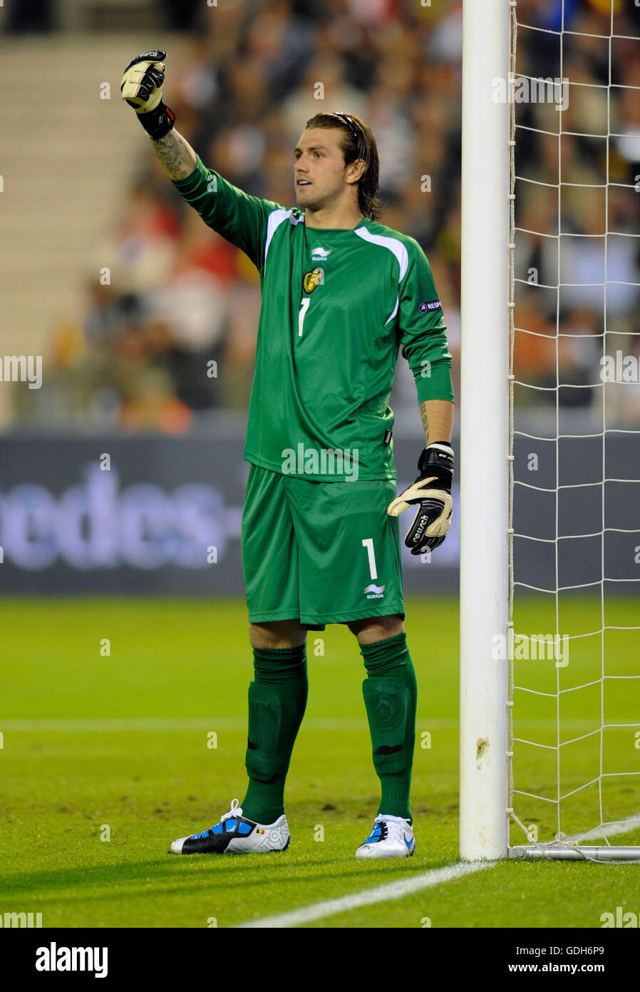 In Belgio, il portiere Logan Bailly, UEFA campionato europeo di calcio 2012 il qualificatore, Belgio vs Germania 0-1 Foto Stock