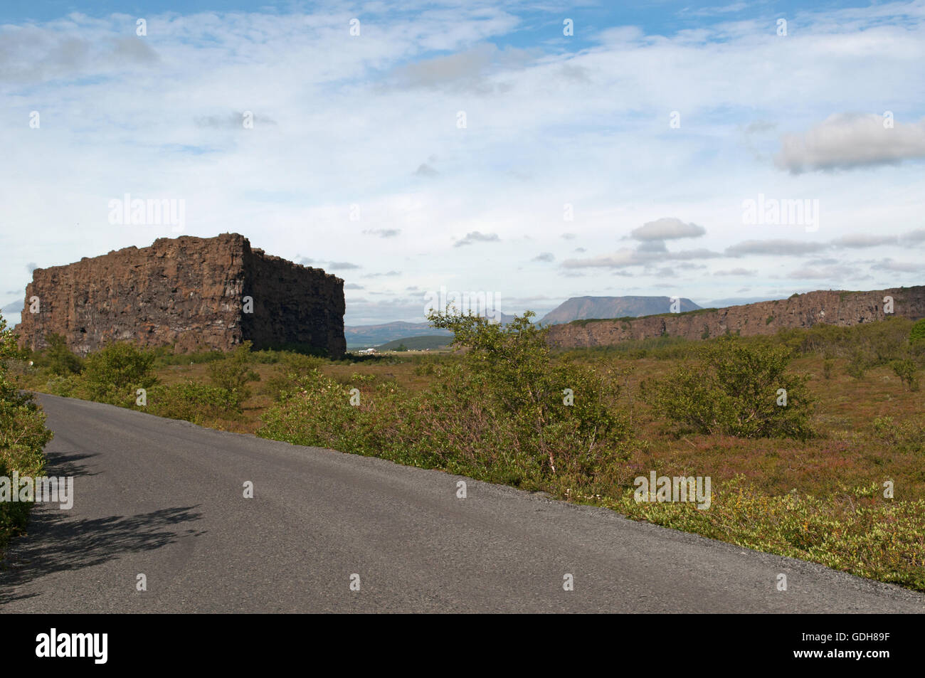 Islanda: Eyjan Asbyrgi e. Eyjan è un 25 metri di formazione di roccia, Asbyrgi è a 3,5 km canyon formato dopo l'ultima era glaciale Foto Stock