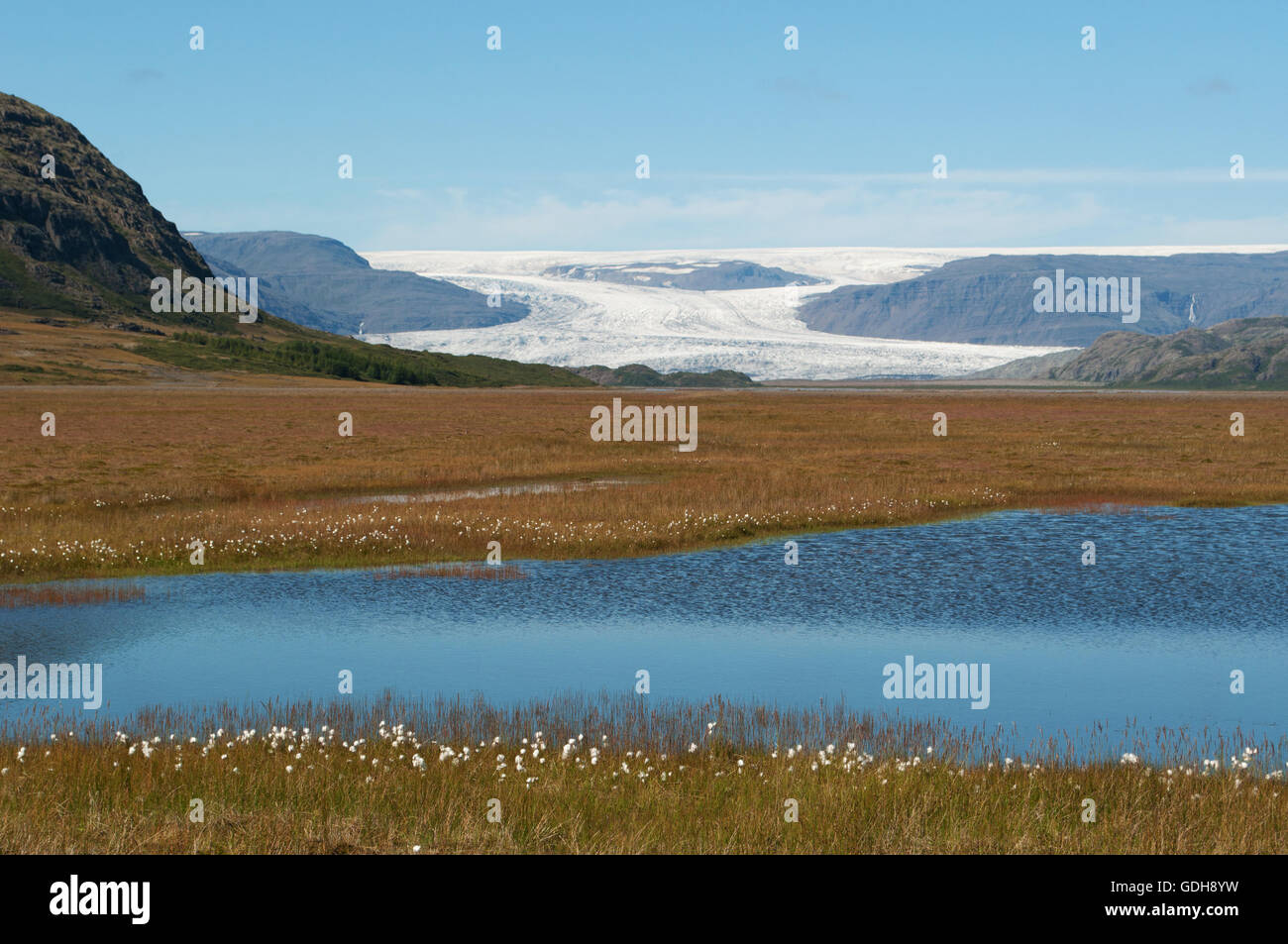 Islanda: vista del Skaftafellsjokull, il Ghiacciaio di Skaftafell, uno sperone del Vatnajokull tappo di ghiaccio Foto Stock