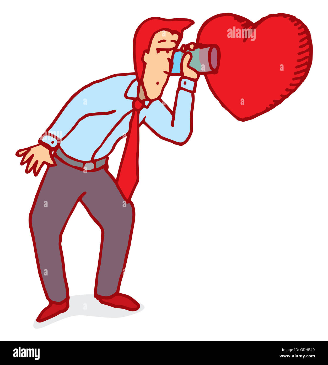 Cartoon illustrazione dell'uomo ascoltare attentamente il suo cuore Foto Stock