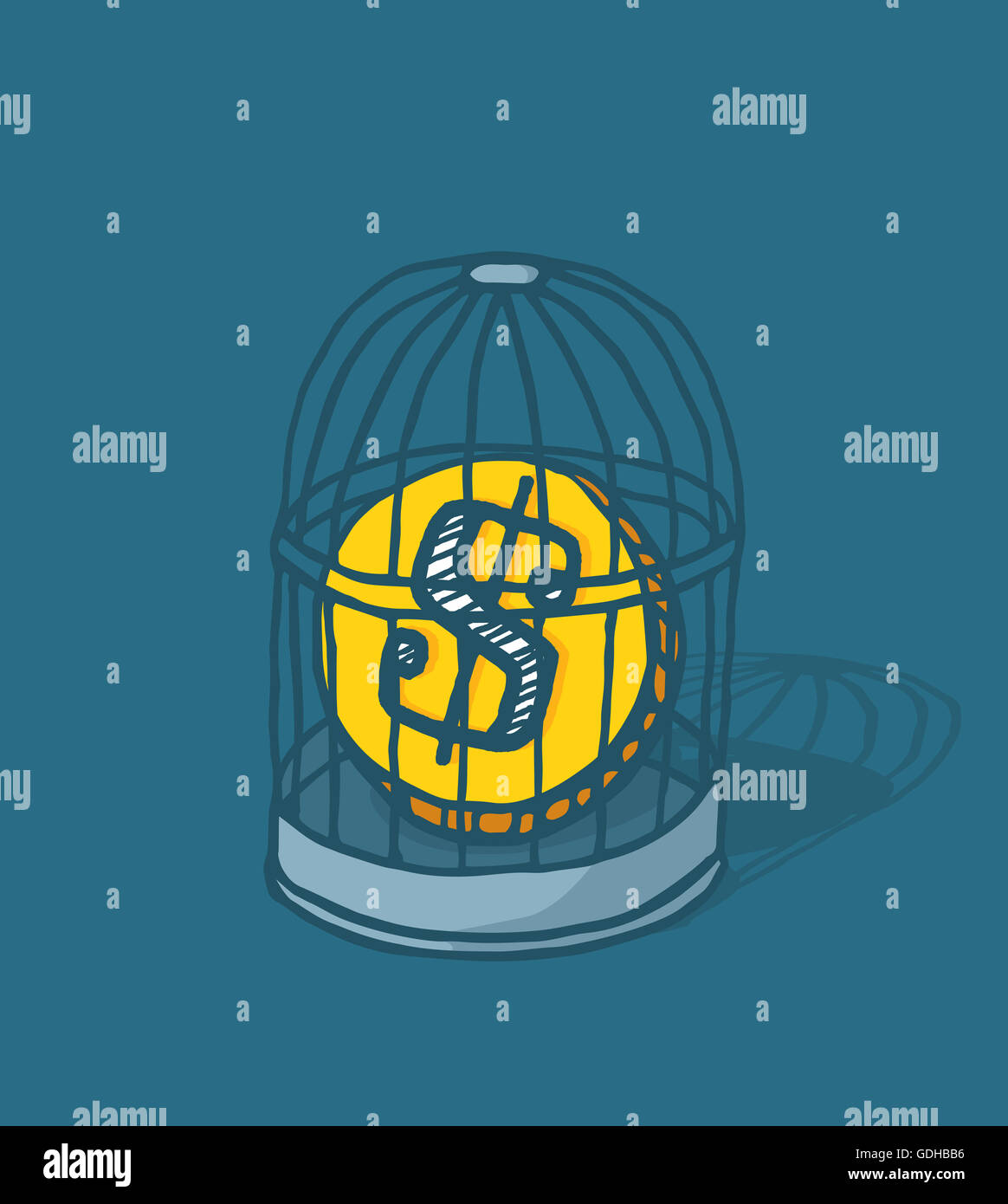 Cartoon illustrazione della moneta o denaro intrappolato nella gabbia per uccelli Foto Stock