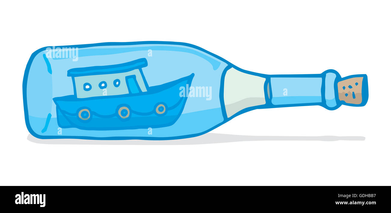 Cartoon illustrazione della vecchia bottiglia tenendo un modellino barca da pesca Foto Stock