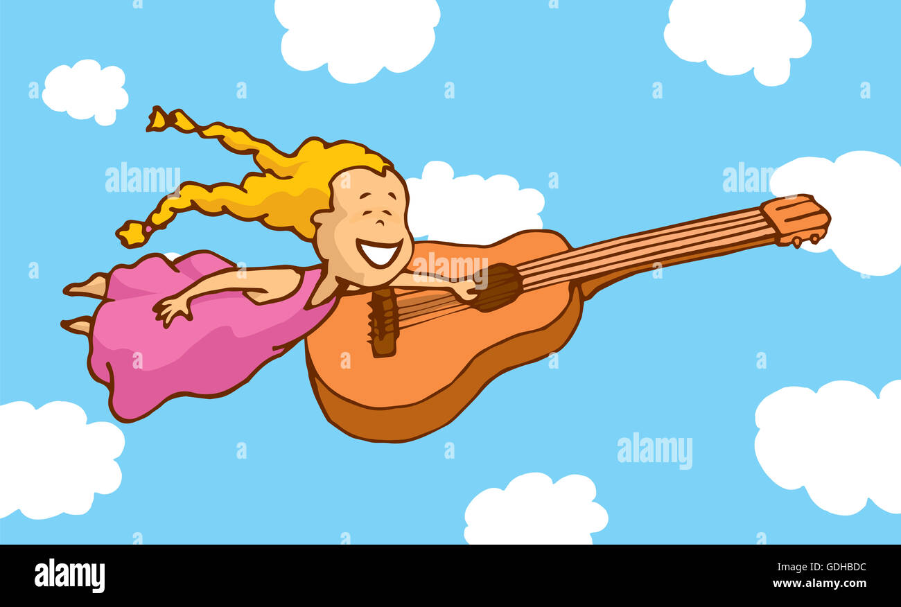 Cartoon illustrazione della ragazza carina battenti con la chitarra Foto Stock