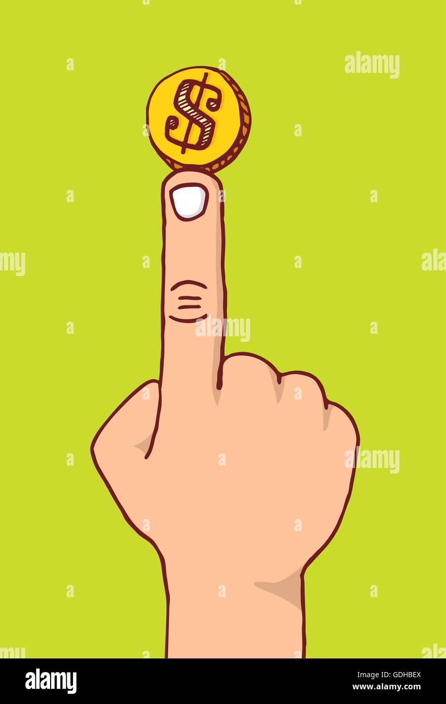 Cartoon illustrazione della moneta in equilibrio su un dito Foto Stock