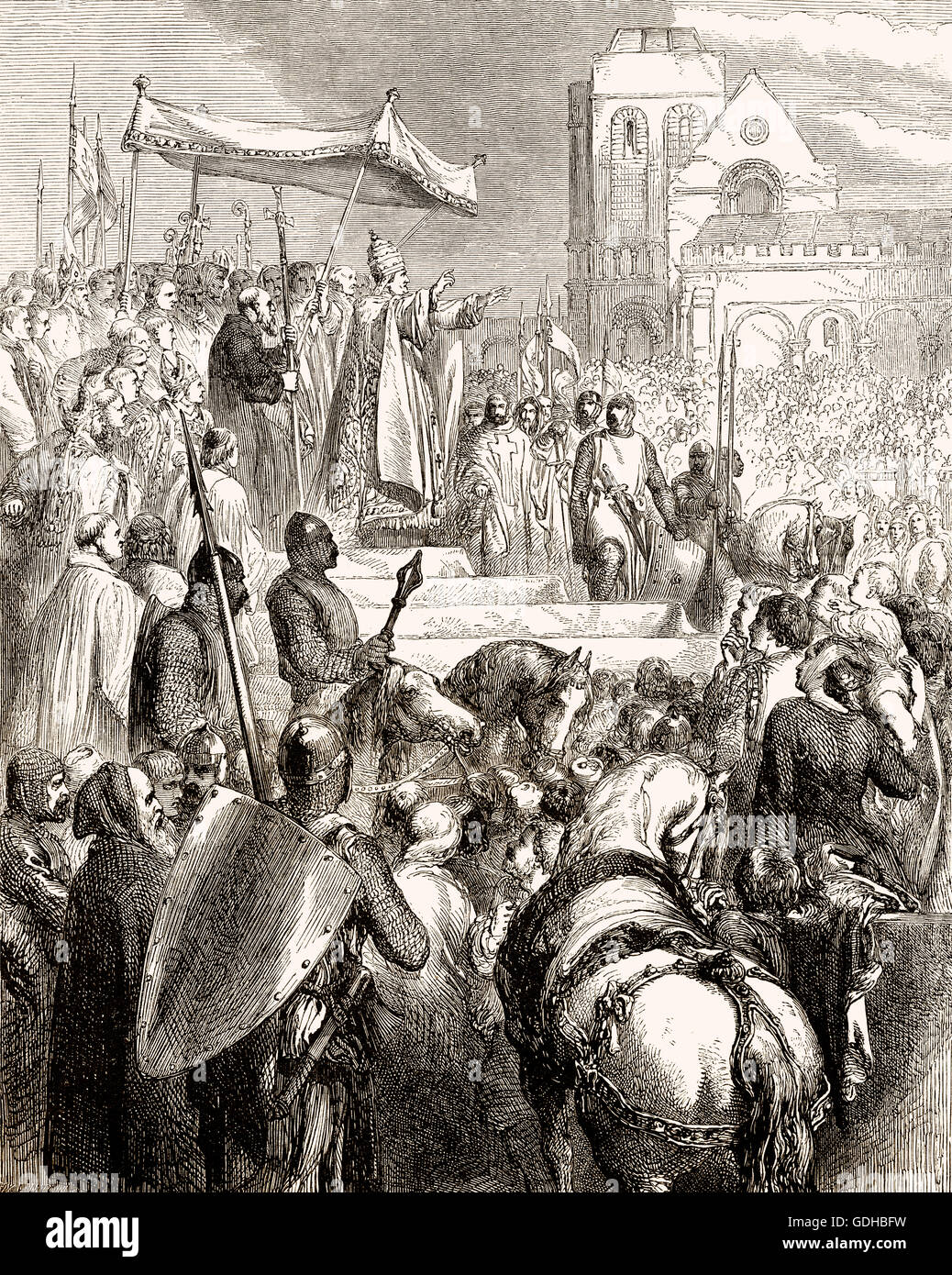 Papa Urbano II, c. 1035-1099, predicando la Prima Crociata nel mercato durante il Concilio di Clermont, Francia, 1095 Foto Stock