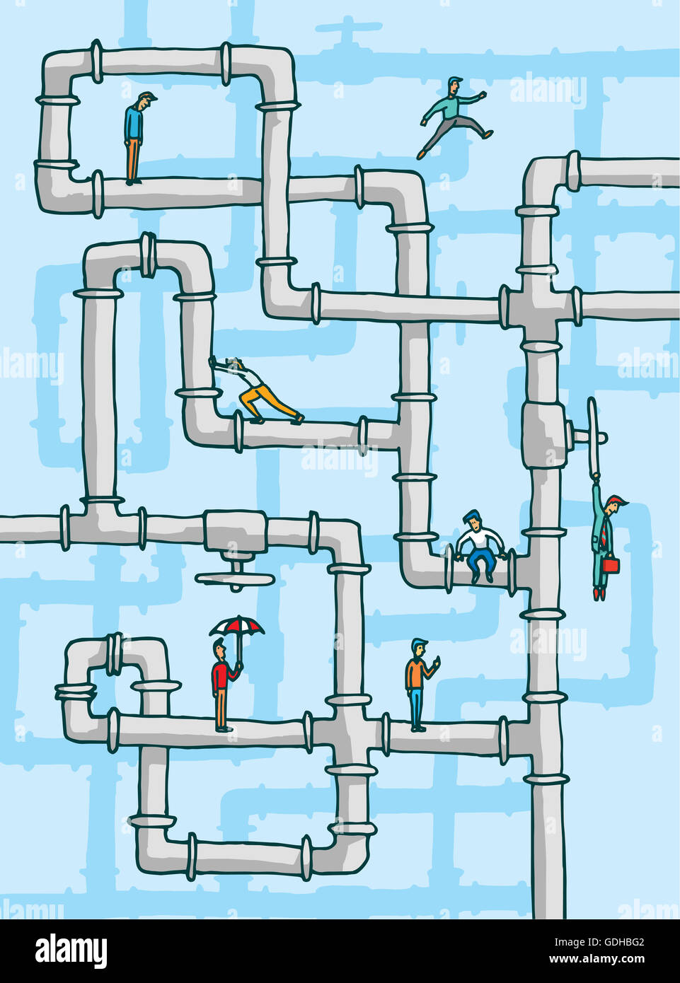 Cartoon illustrazione della pipeline di complessi con giocosa diverse persone Foto Stock