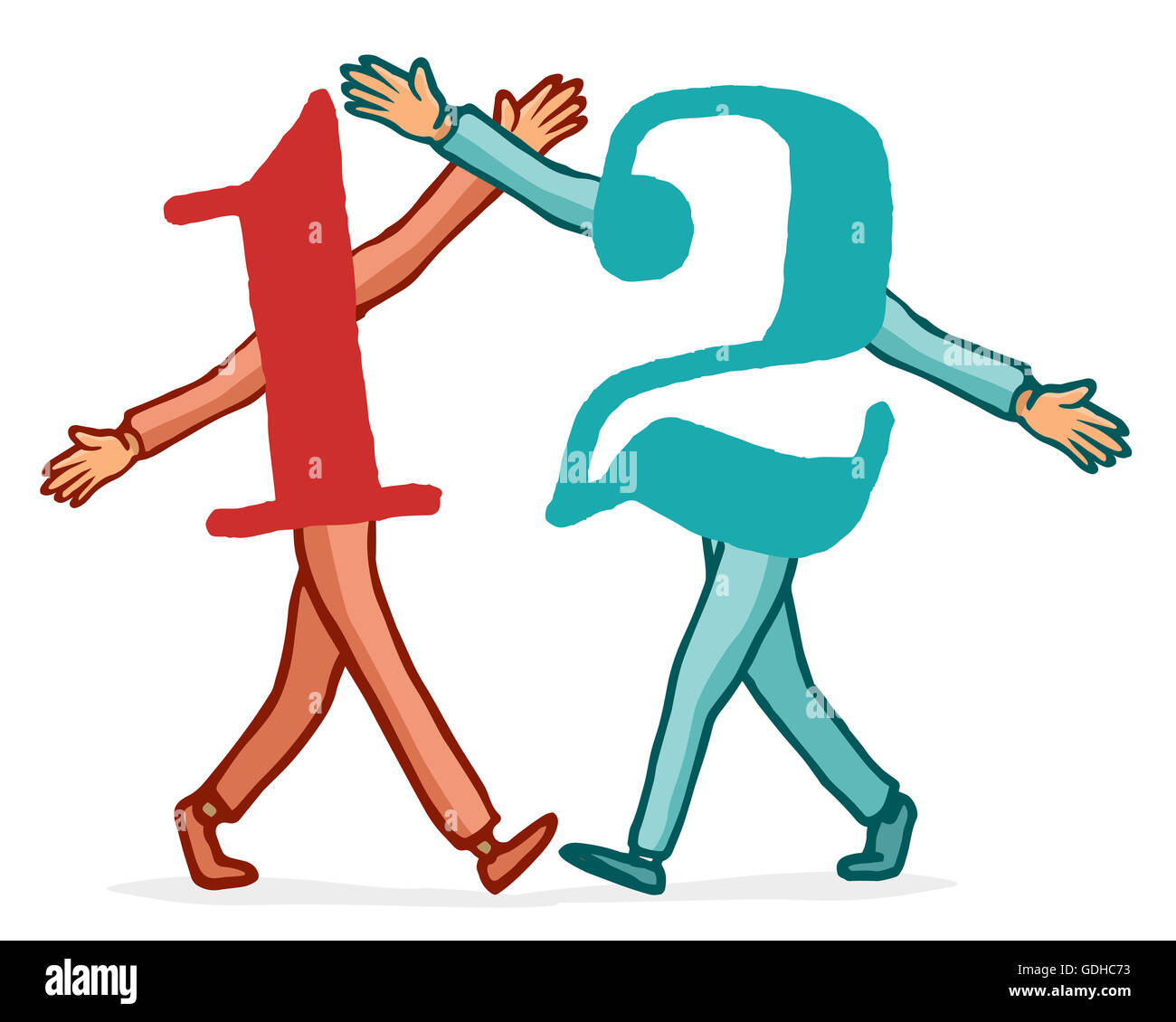 Cartoon illustrazione del numero uno cordiale abbraccio numero due Foto Stock