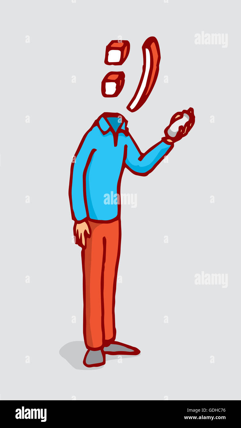 Cartoon illustrazione dell'uomo con smile emoticon faccia scrivere messaggi su telefono cellulare Foto Stock