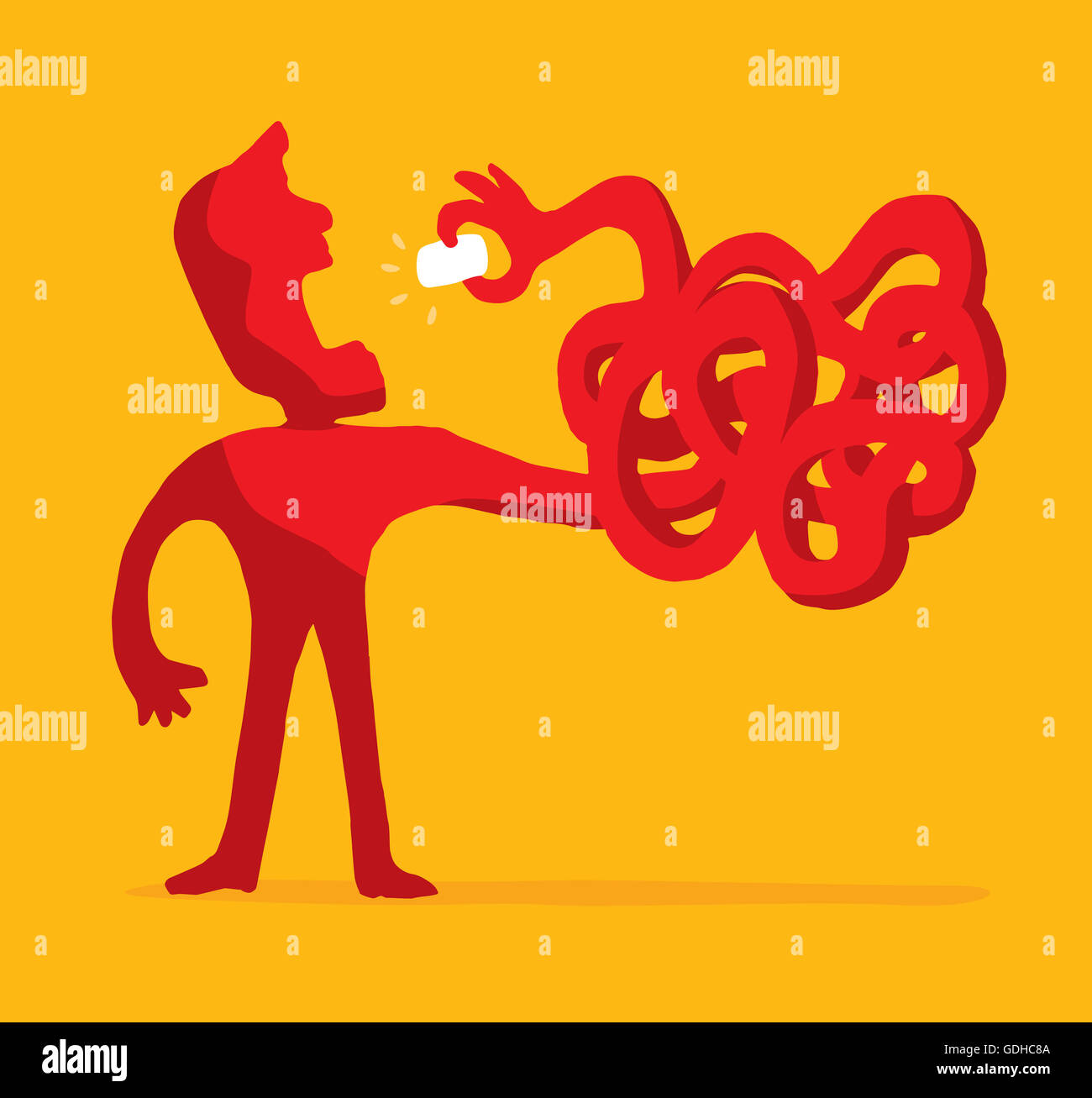 Cartoon illustrazione di disturbo alimentare o dieta con aggrovigliato braccio attorno a mangiare Foto Stock