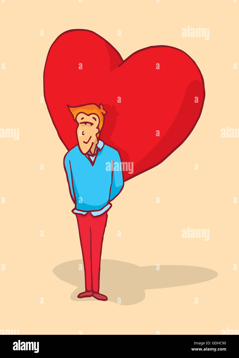 Cartoon illustrazione del timido Uomo in amore nascondere sentimenti o cuore immenso Foto Stock