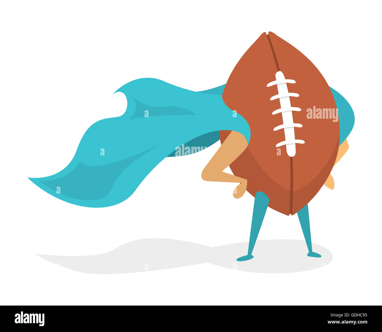 Cartoon illustrazione del super eroe del football americano eroicamente permanente Foto Stock