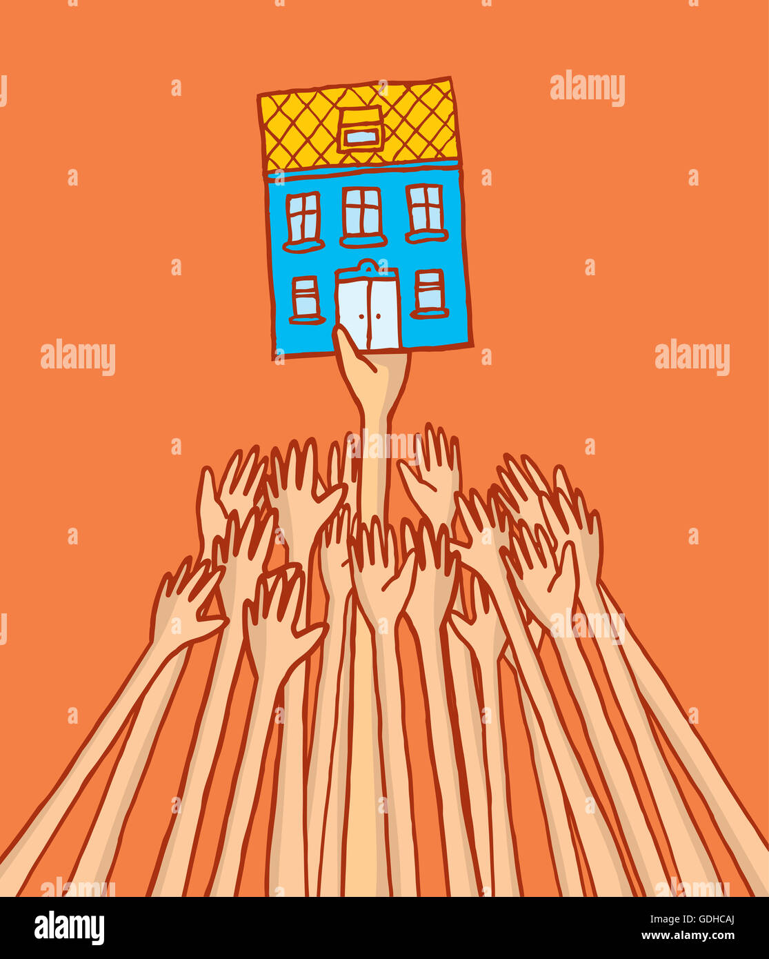 Cartoon illustrazione dei concorrenti che lottano per affittare o comprare casa in affitto il controllo Foto Stock