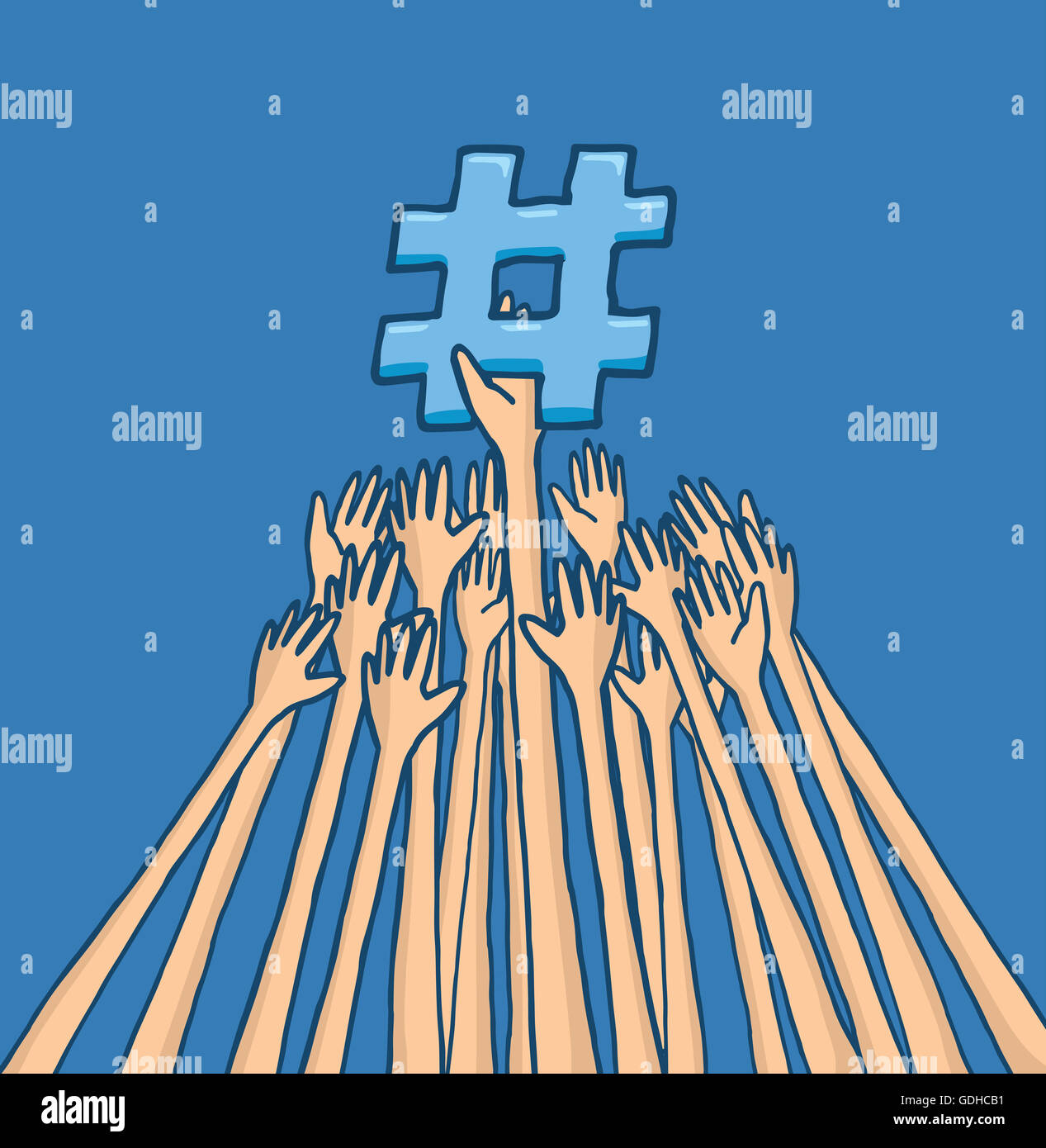 Illustrazione del fumetto di bracci lotta per raggiungere trending topic hashtag Foto Stock