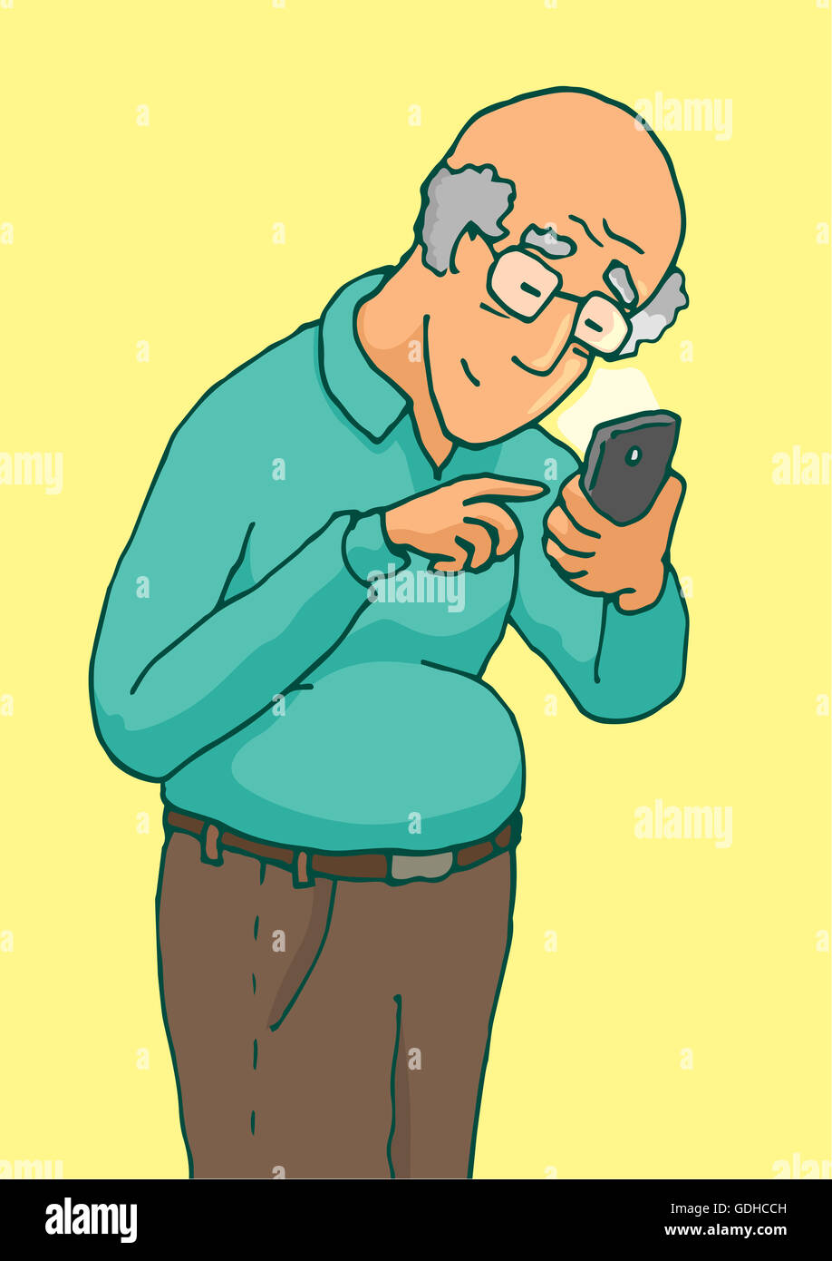 Cartoon illustrazione di un senior attivo utilizzando il suo smartphone con touchscreen Foto Stock