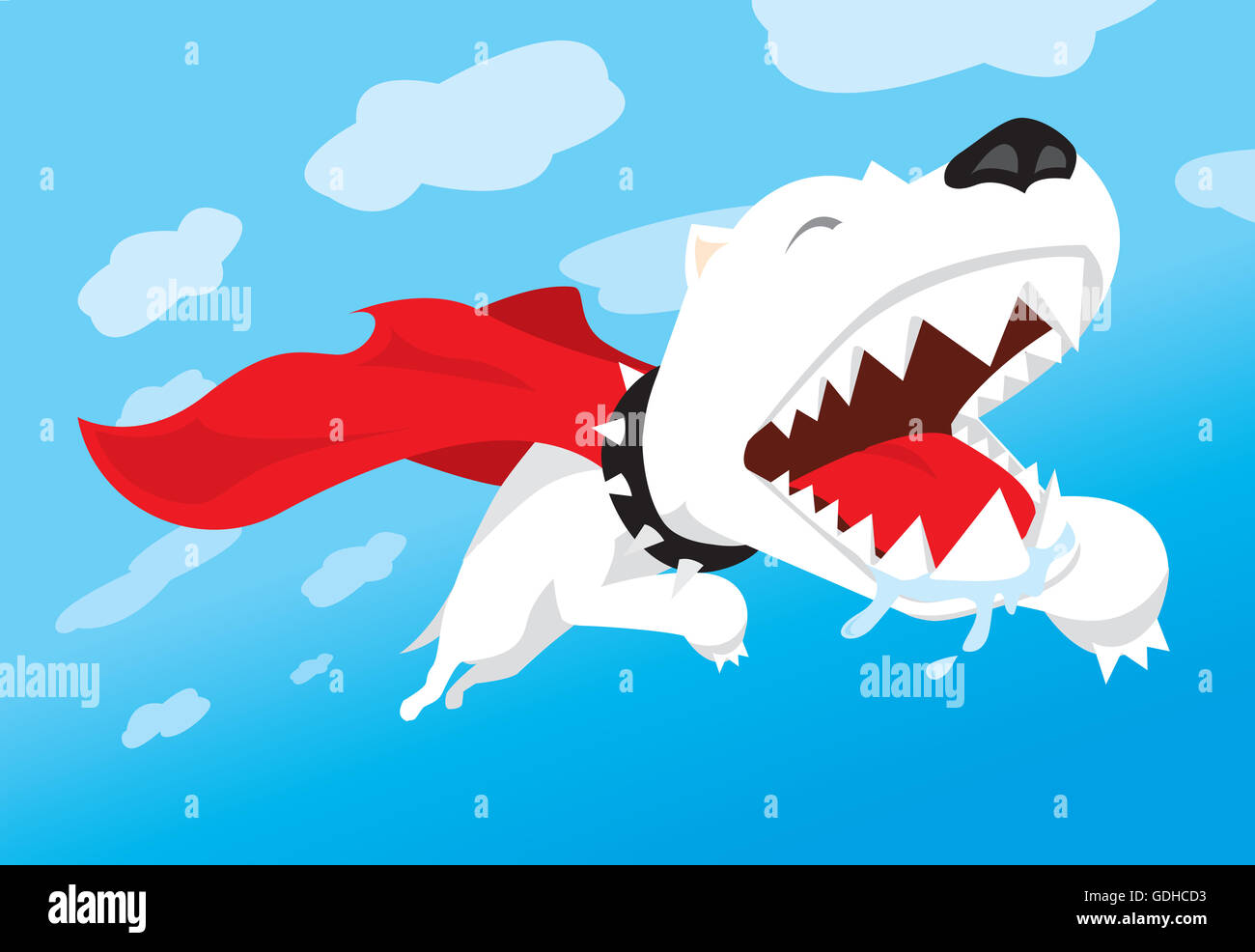 Cartoon illustrazione di un super eroe cane volare sopra il cielo Foto Stock