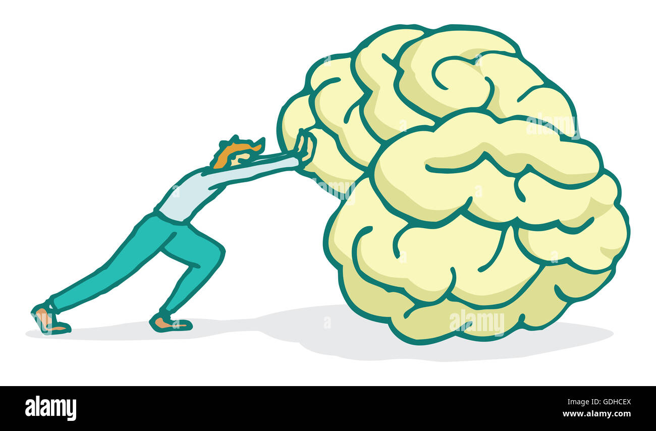 Cartoon illustrazione di un uomo che fa un enorme sforzo spingendo un grande cervello Foto Stock