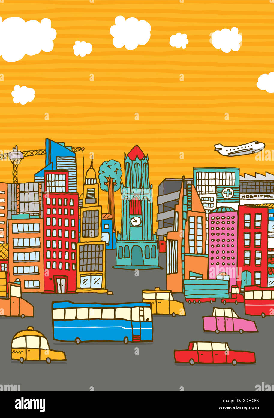 Cartoon illustrazione di una trafficata città colorate con vetture di edifici e copyspace Foto Stock