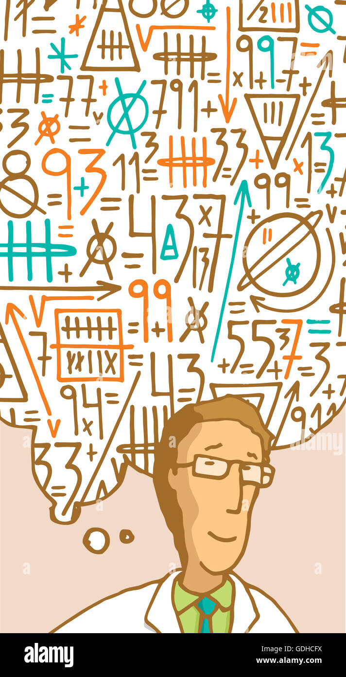 Cartoon illustrazione dello scienziato formulando un complesso pensiero matematico nella sua mente Foto Stock
