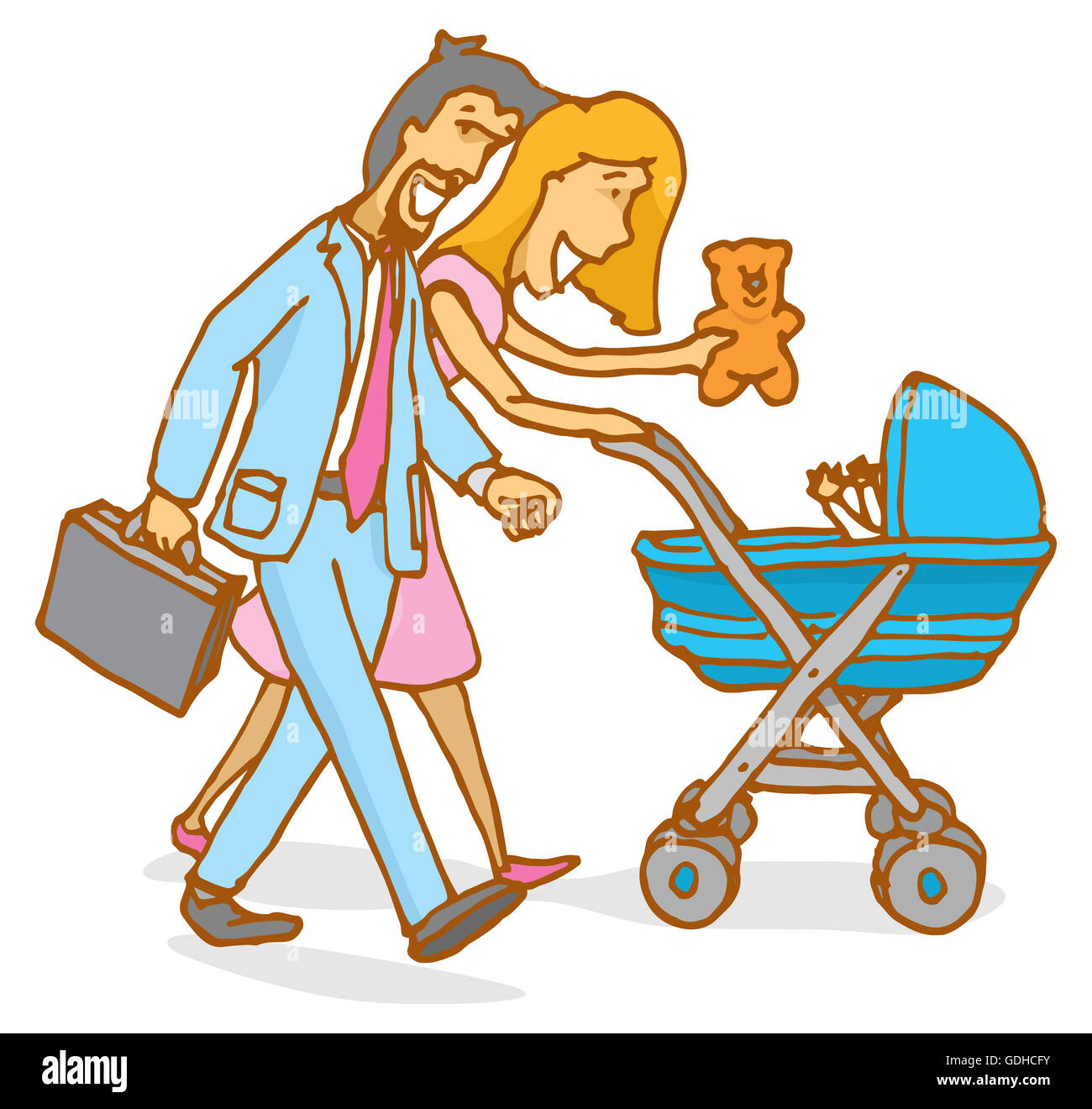 Cartoon illustrazione della famiglia con il padre e la madre giovane giocando con il bambino su un passeggino Foto Stock