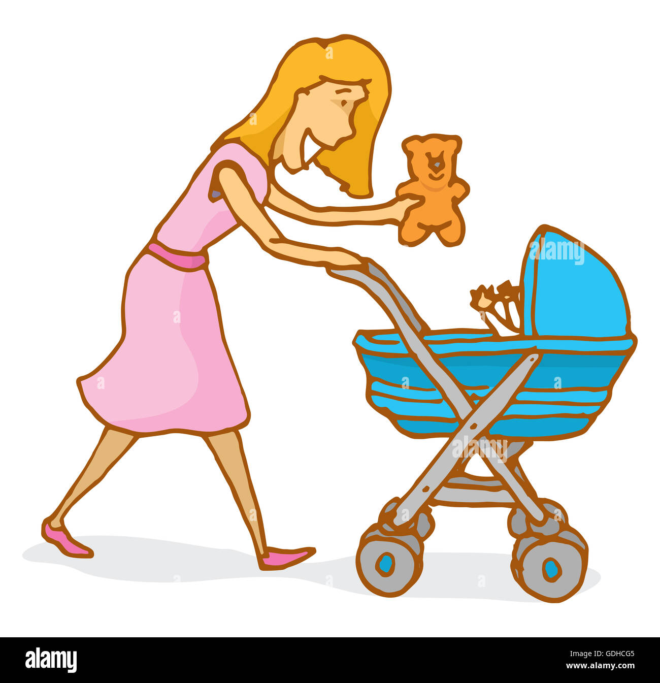 Cartoon illustrazione di una madre giocando con il bambino su un passeggino Foto Stock