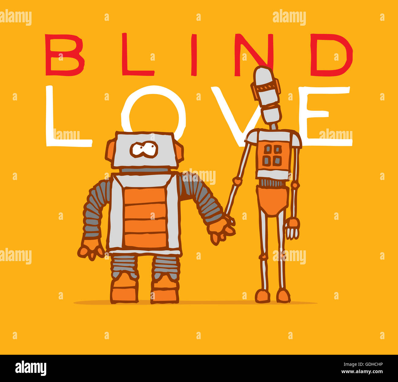 Cartoon illustrazione di due robot in amore tenendo le mani Foto Stock