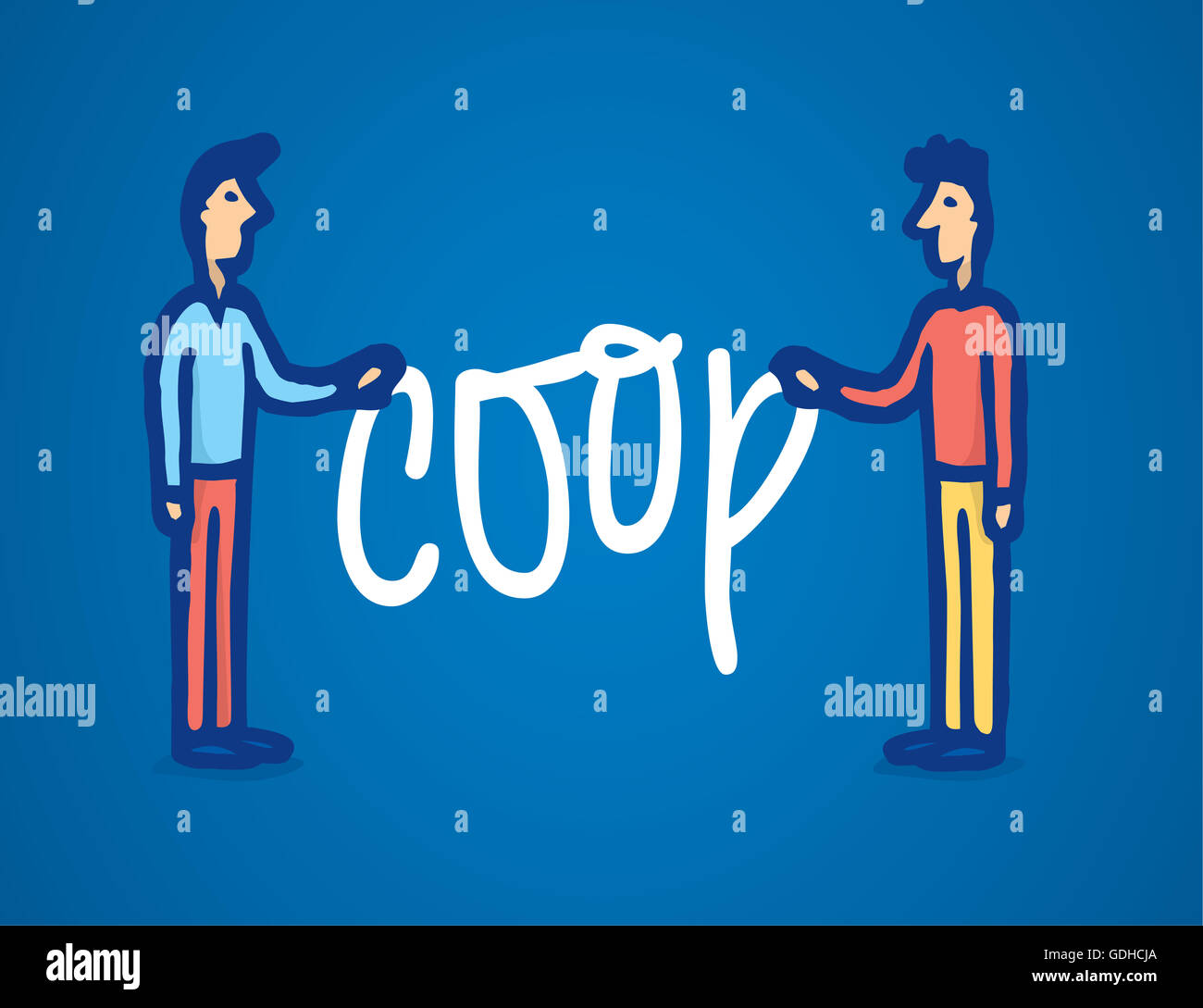 Cartoon illustrazione di due uomo azienda coop o parola di cooperazione Foto Stock