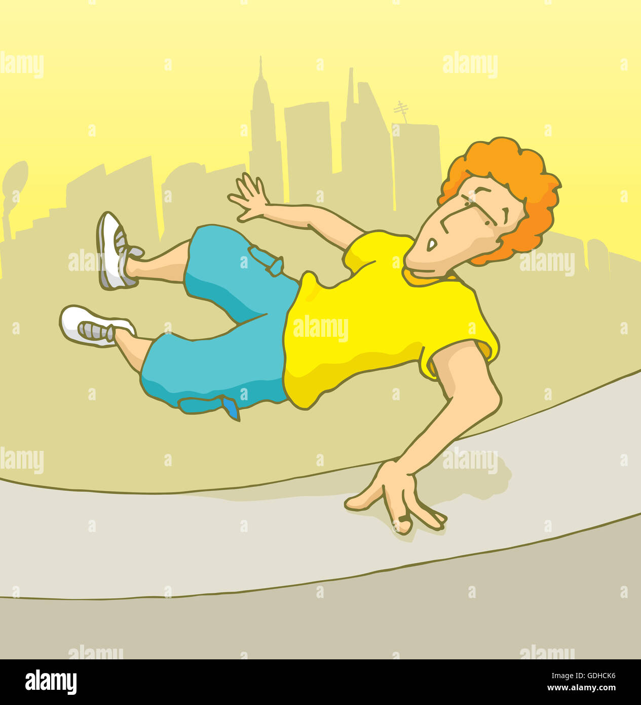 Cartoon illustrazione dell'uomo saltando su una parete facendo parkour freerunning o Foto Stock