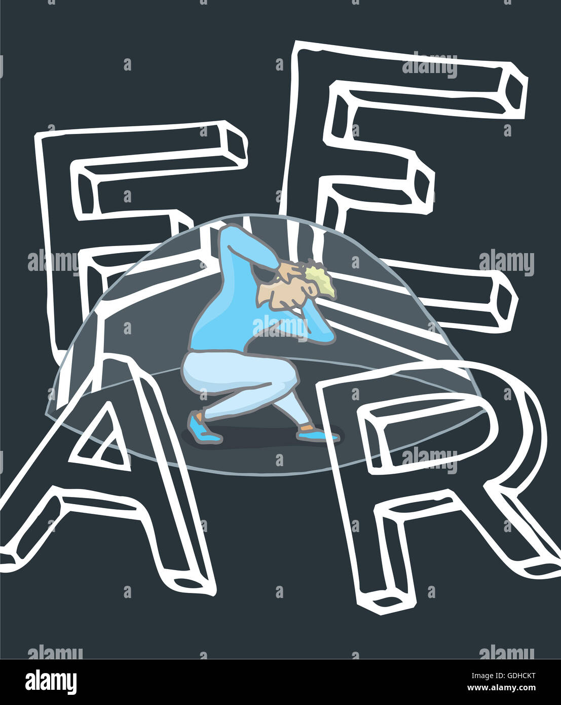 Cartoon illustrazione del terrore l'uomo accovacciato sotto una cupola di sofferenza paura Foto Stock
