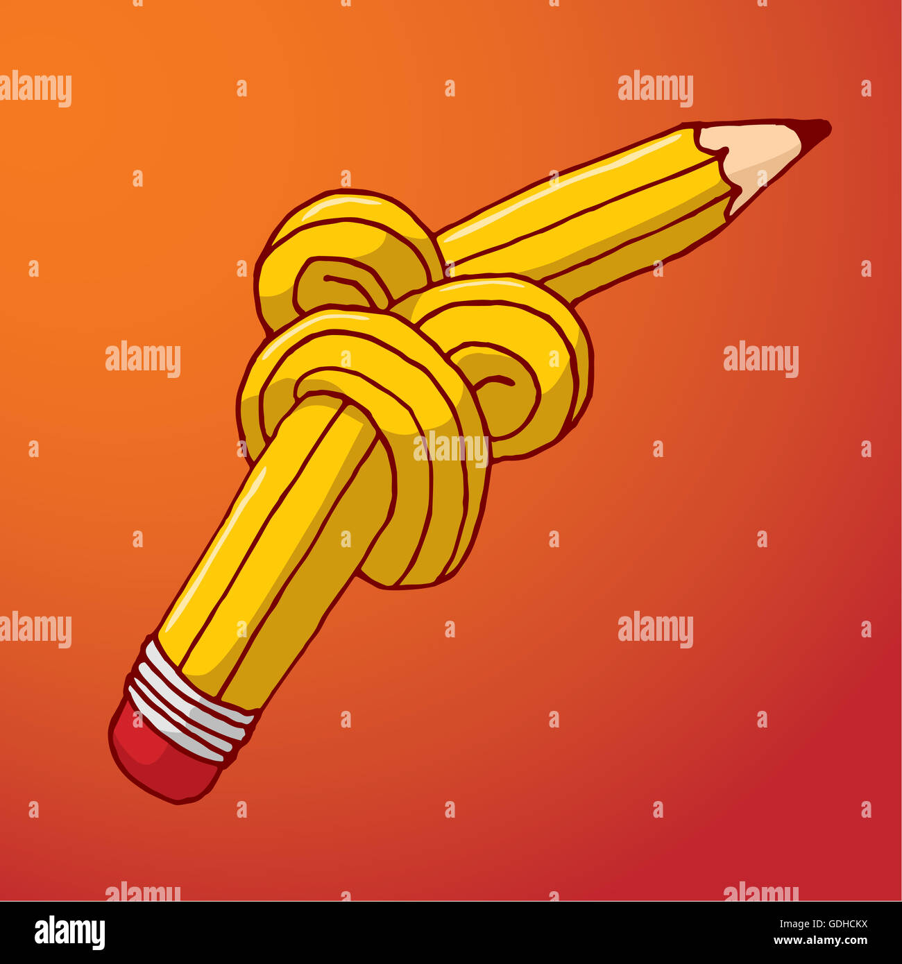 Cartoon illustrazione della matita nera aggrovigliato in un nodo Foto Stock