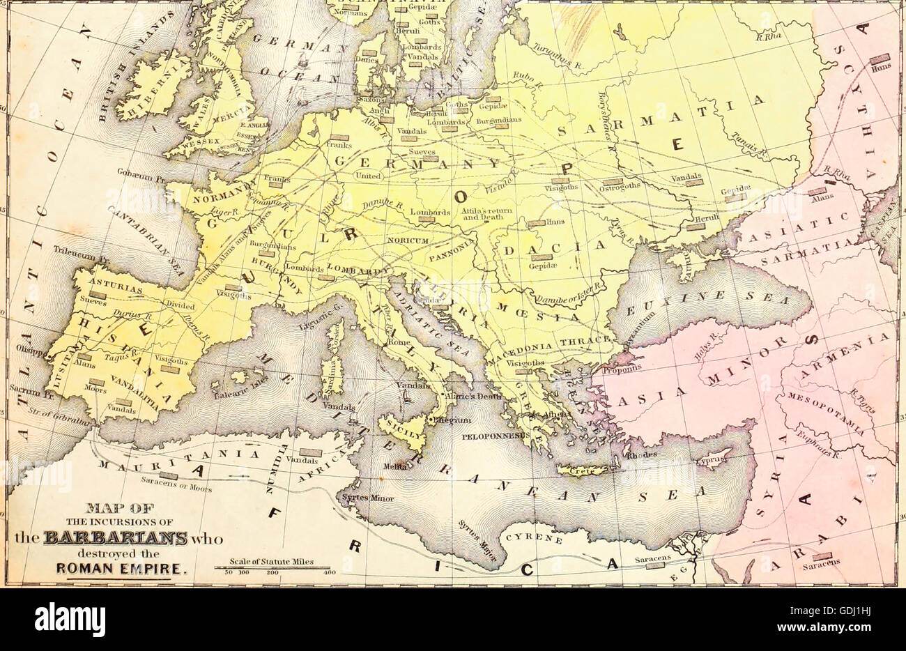 Mappa di scorrerie dei barbari che hanno distrutto l'Impero Romano Foto Stock