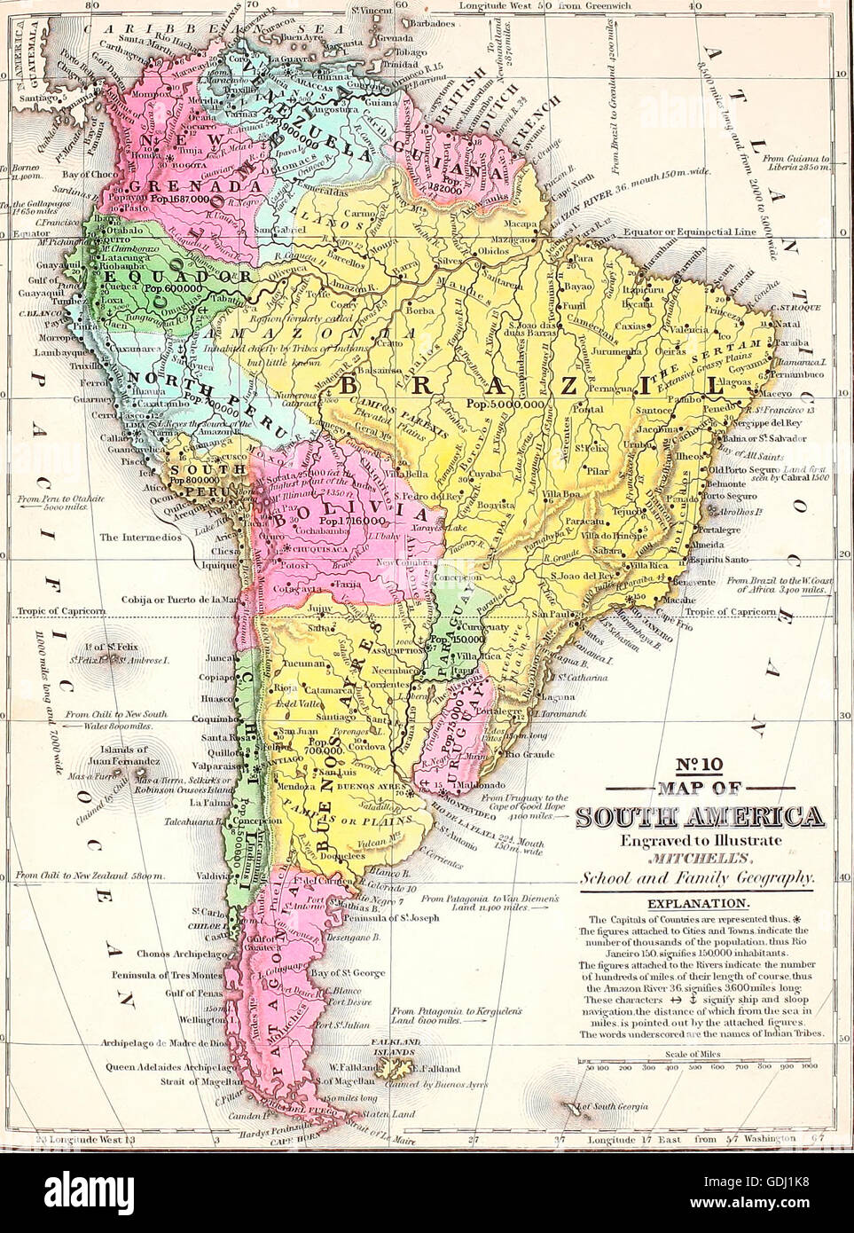 Mappa di Sud America, nel 1860 circa Foto Stock
