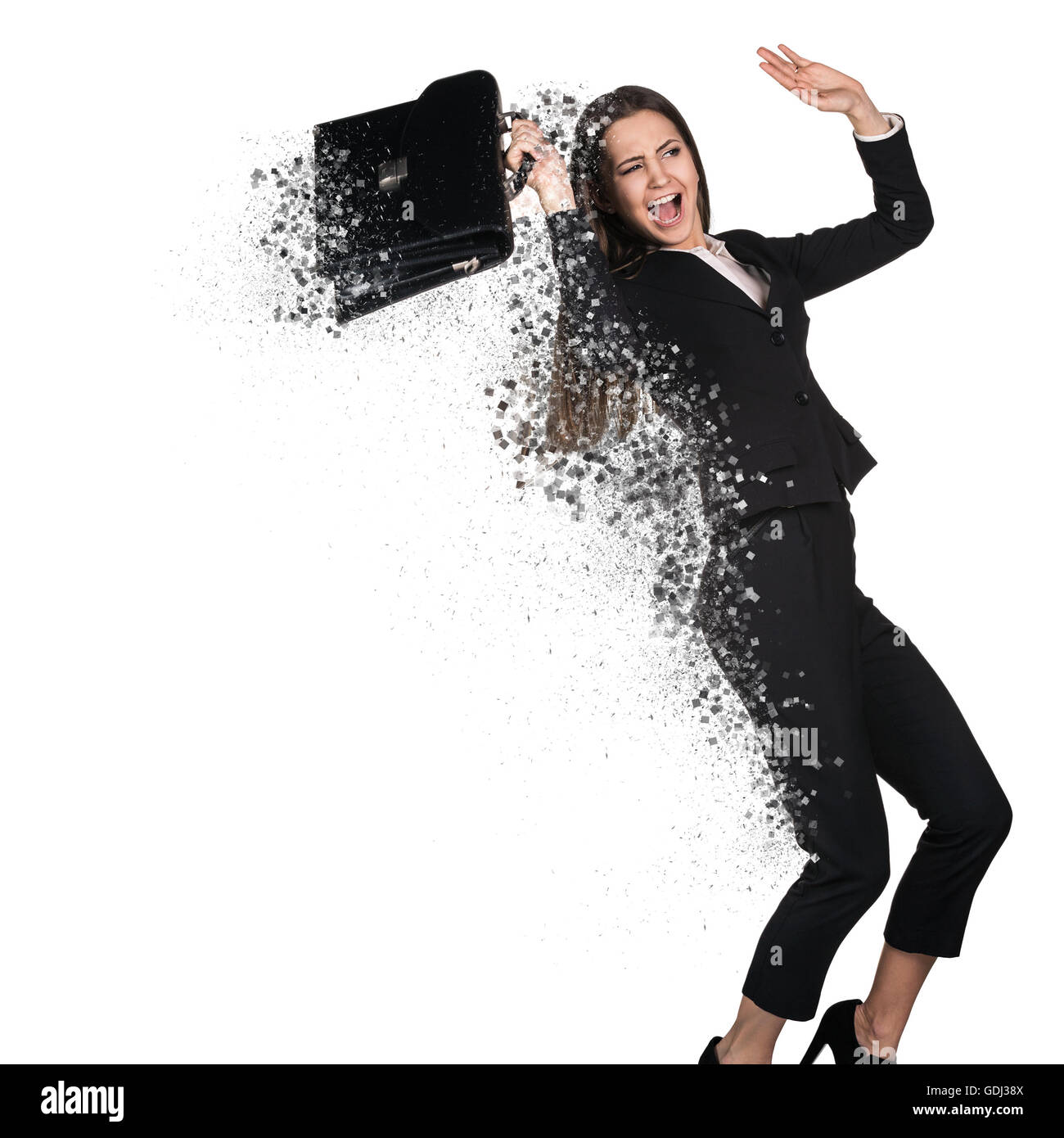 Young business woman decadimento in piccoli pezzi isolati su bianco. Foto Stock