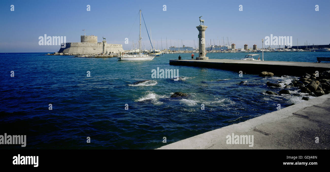 Geografia / viaggi, Grecia, Rodi, rodi città, ingresso al porto di Mandraki, Fort San Nicola, Foto Stock